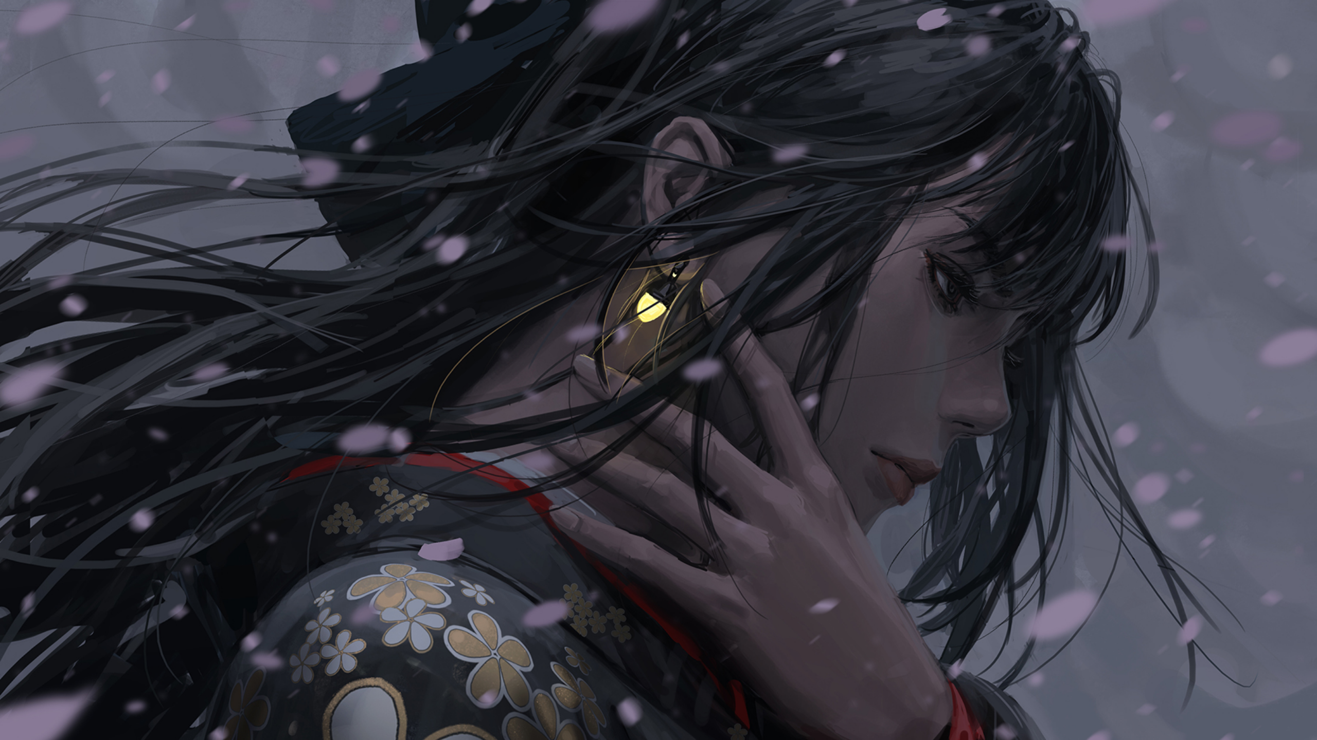 Girl with black hair and kimono HD Wallpaper