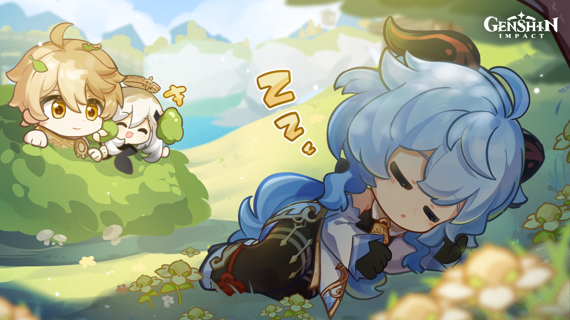 Ganyu, Paimon, and Aether from Genshin Impact sleeping HD Wallpaper