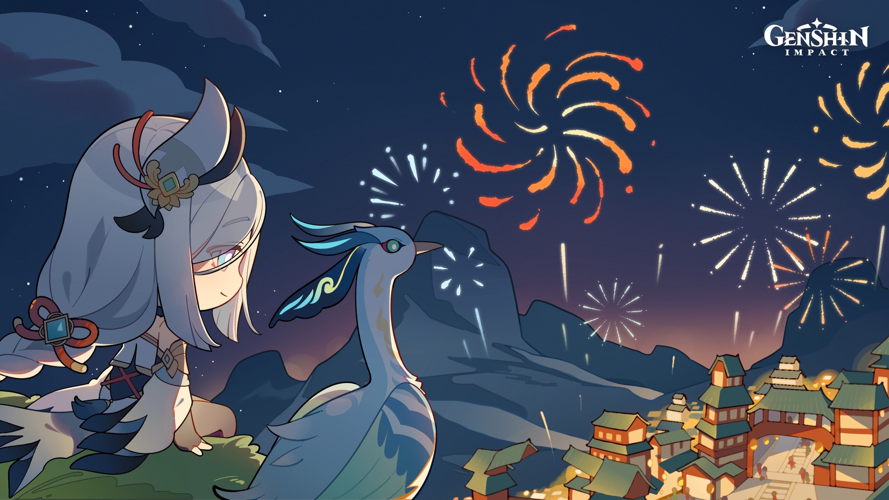 Shenhe and a bird watch fireworks in Liyue HD Wallpaper