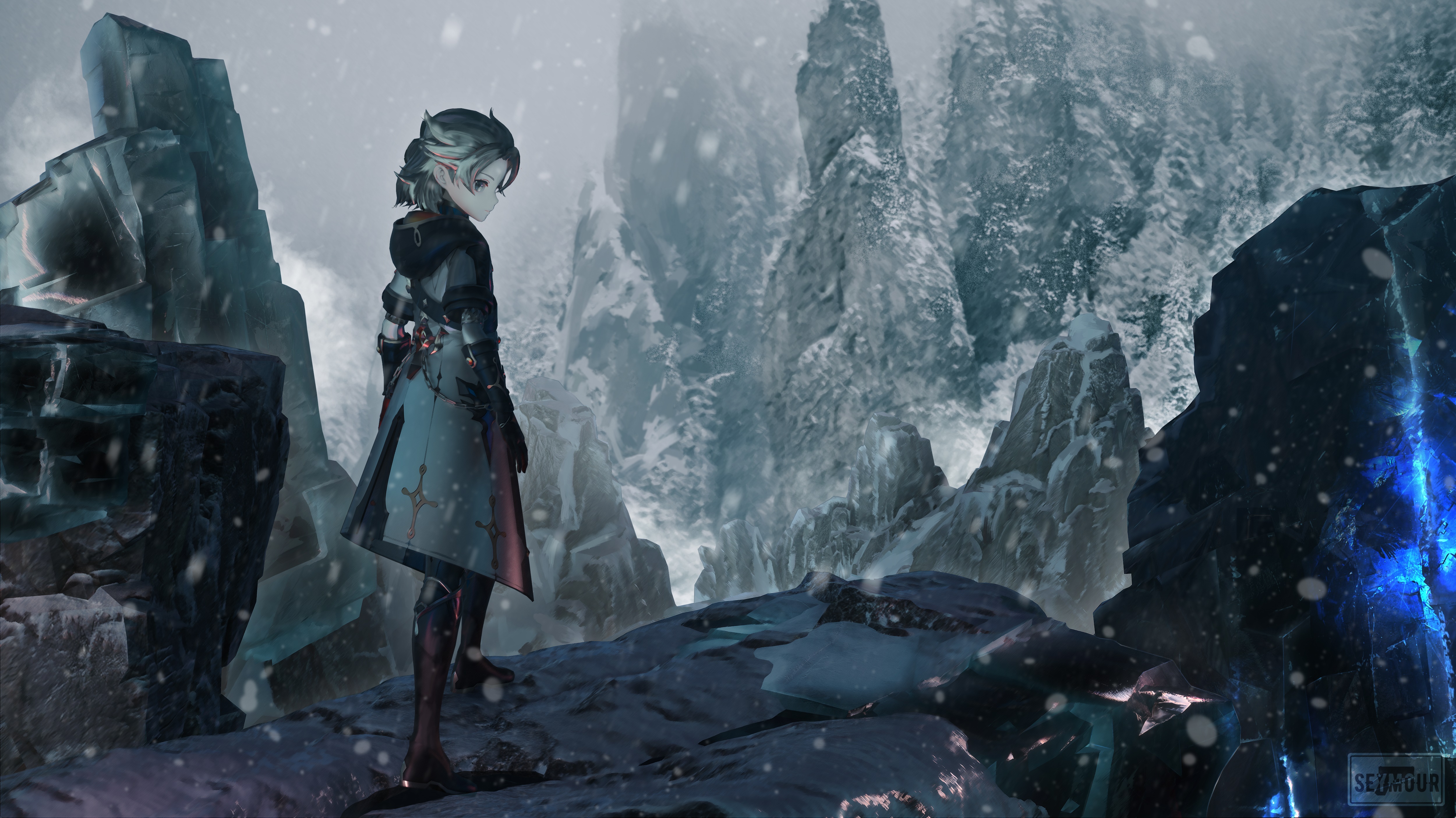 Albedo from Genshin Impact in a snowy landscape HD Wallpaper