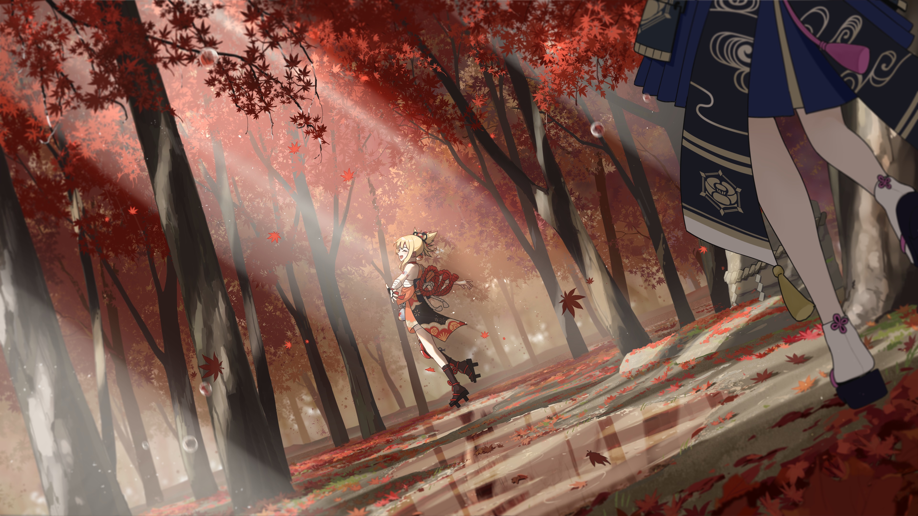 Yoimiya and Kamisato Ayaka from Genshin Impact in autumn forest 4K HD Wallpaper