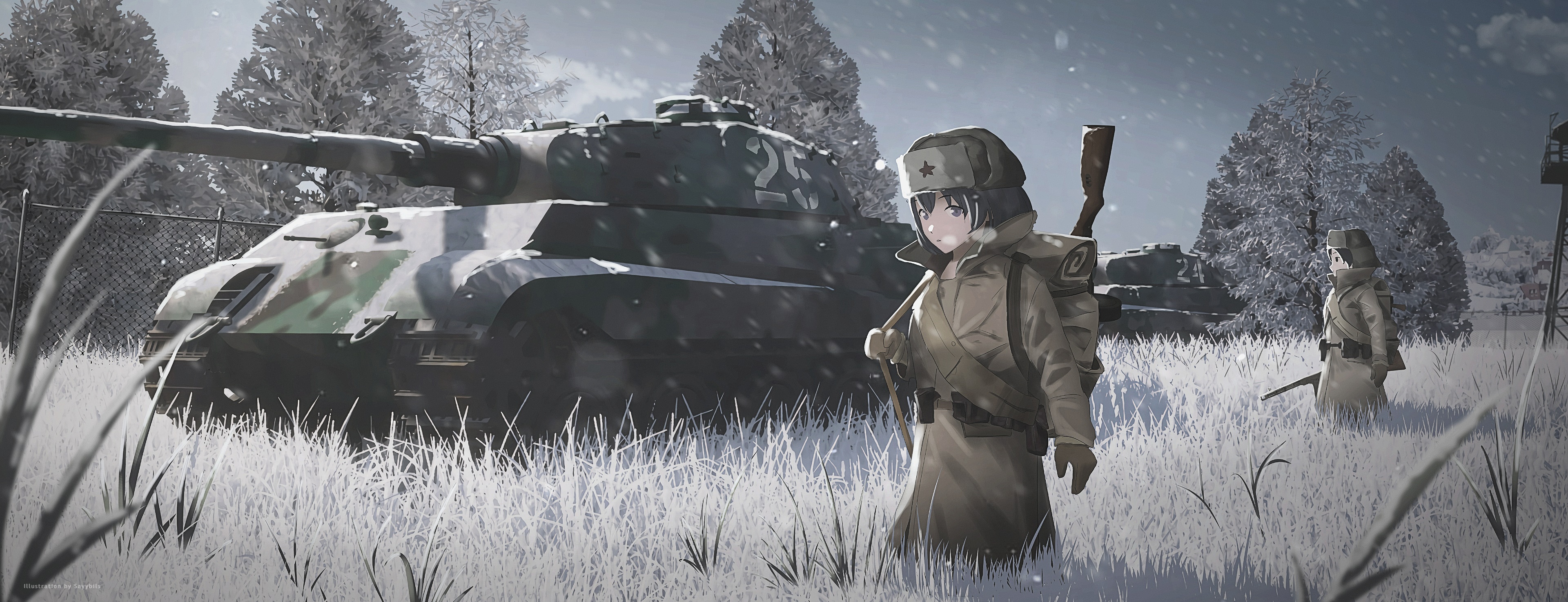 Anime girl in military uniform with tank in snowy landscape HD Wallpaper