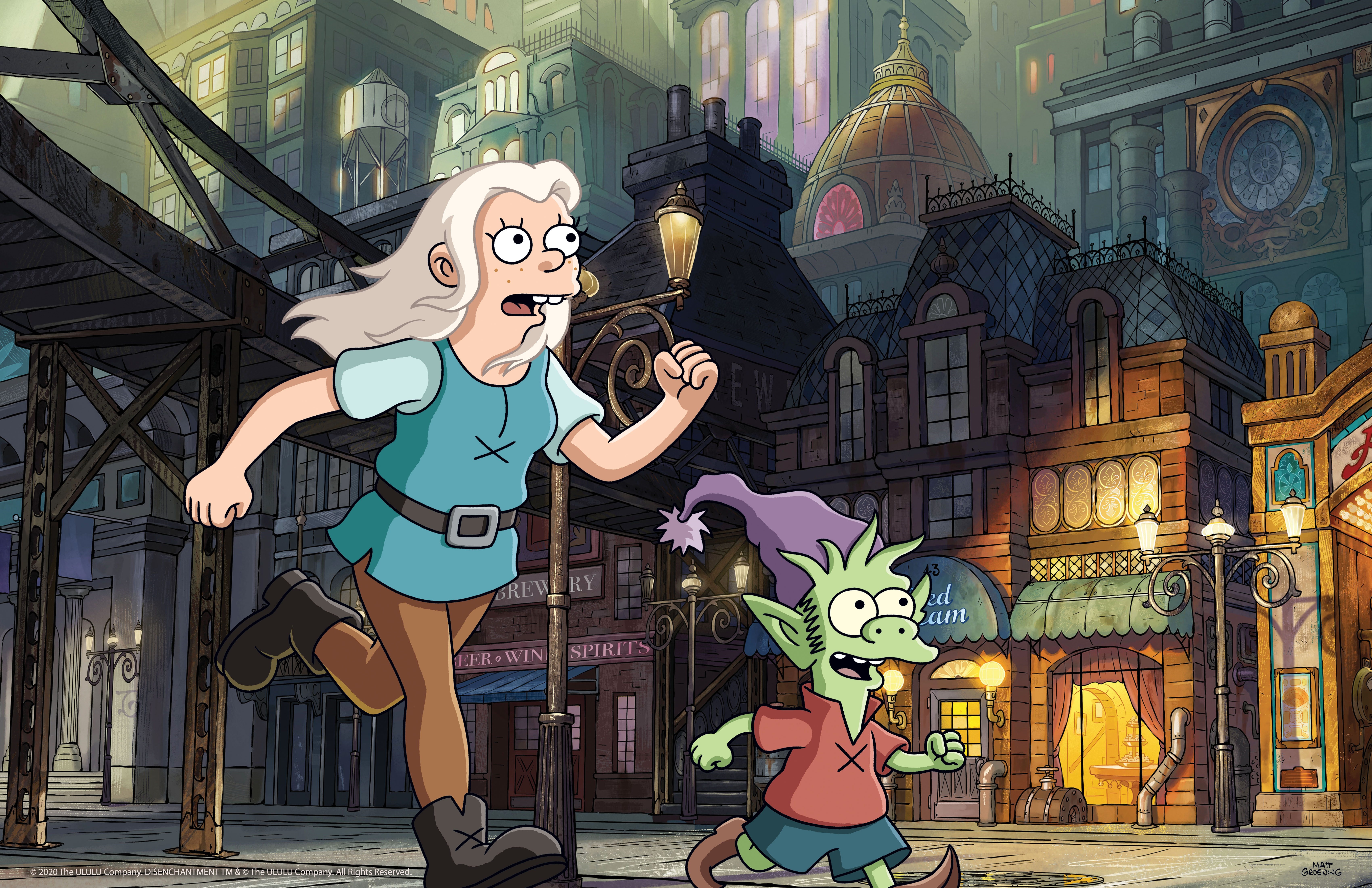 Bean and Elfo from Disenchantment in a city HD Wallpaper