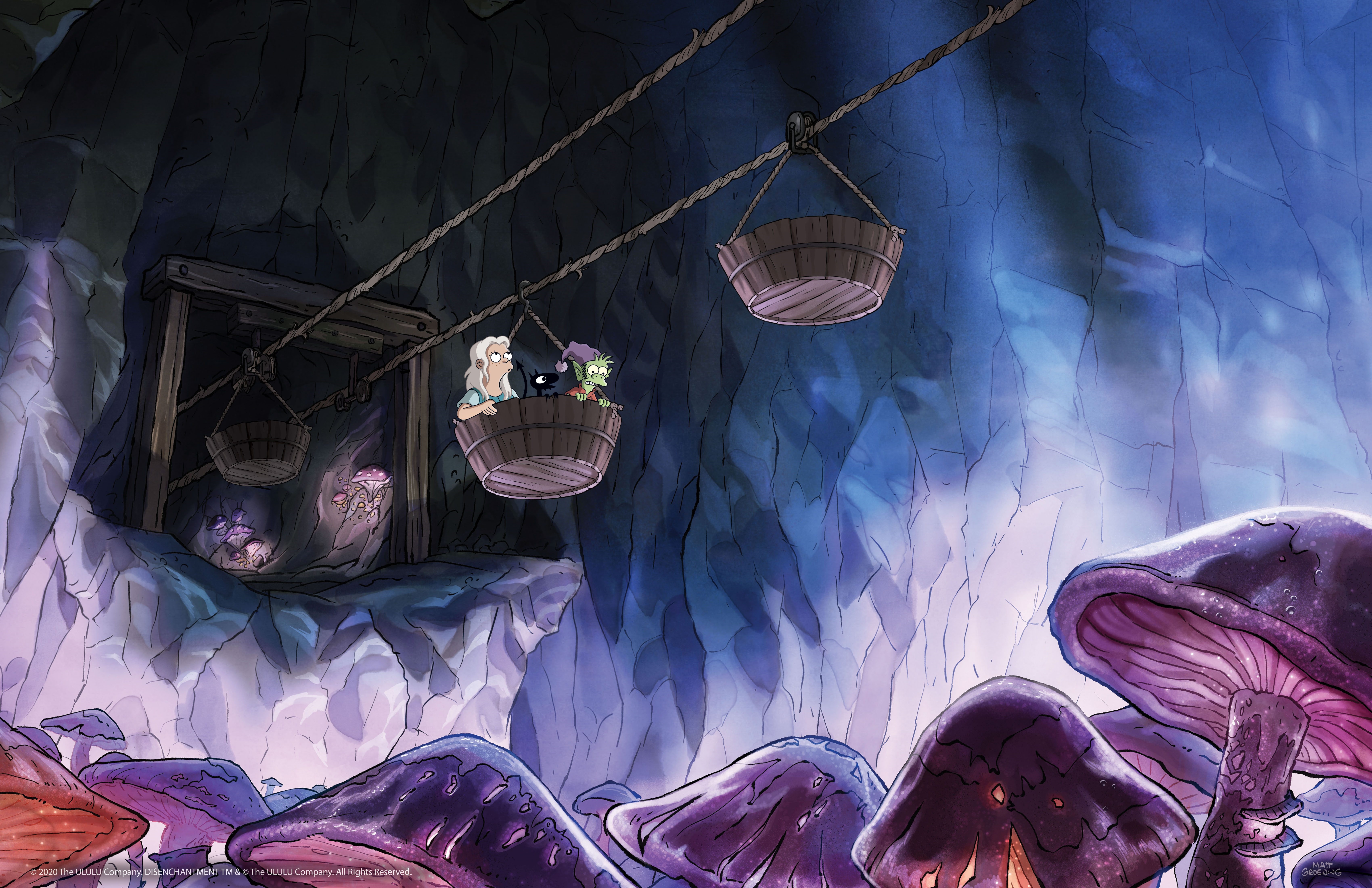 Bean, Luci, and Elfo from Disenchantment in a mine cart HD Wallpaper