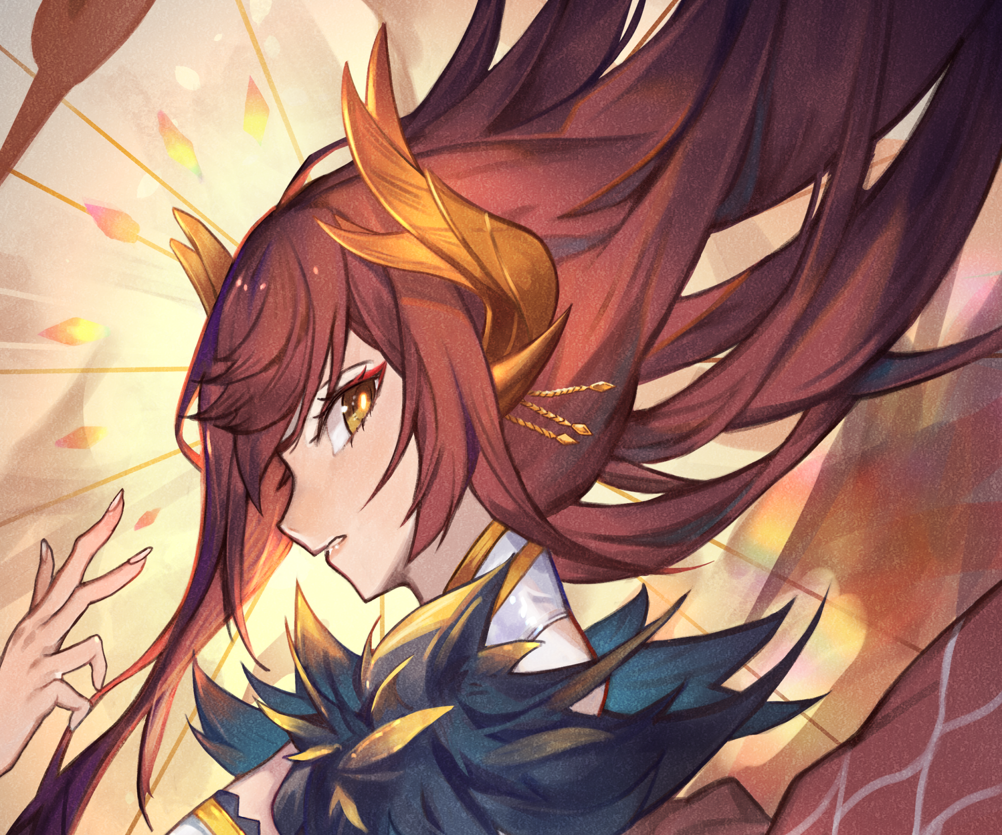 Girl with long dark hair and golden horns HD Wallpaper