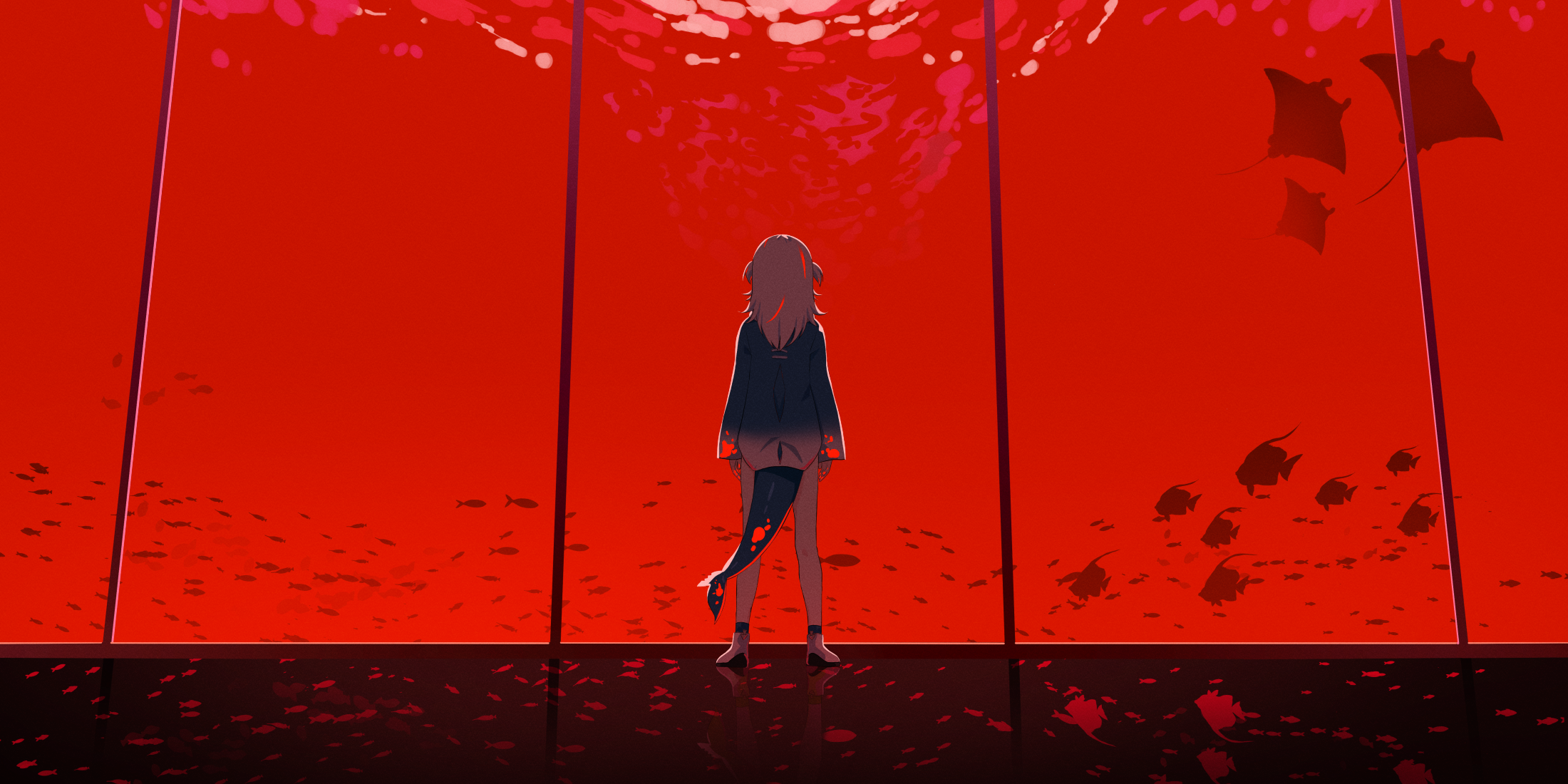 Gawr Gura from Hololive in a red underwater scene HD Wallpaper