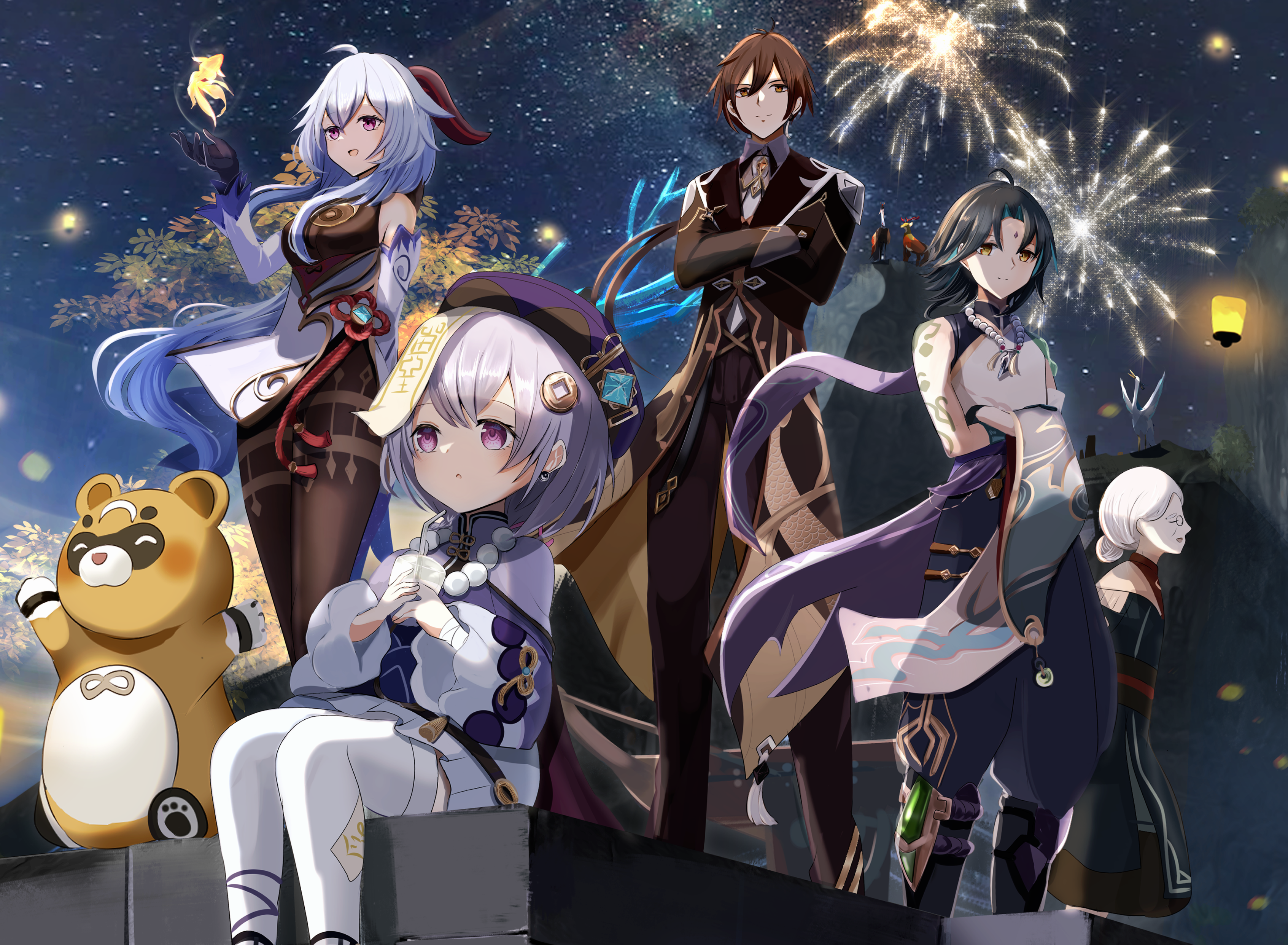 Genshin Impact characters Ganyu, Qiqi, Zhongli, and Xiao with Guoba HD Wallpaper