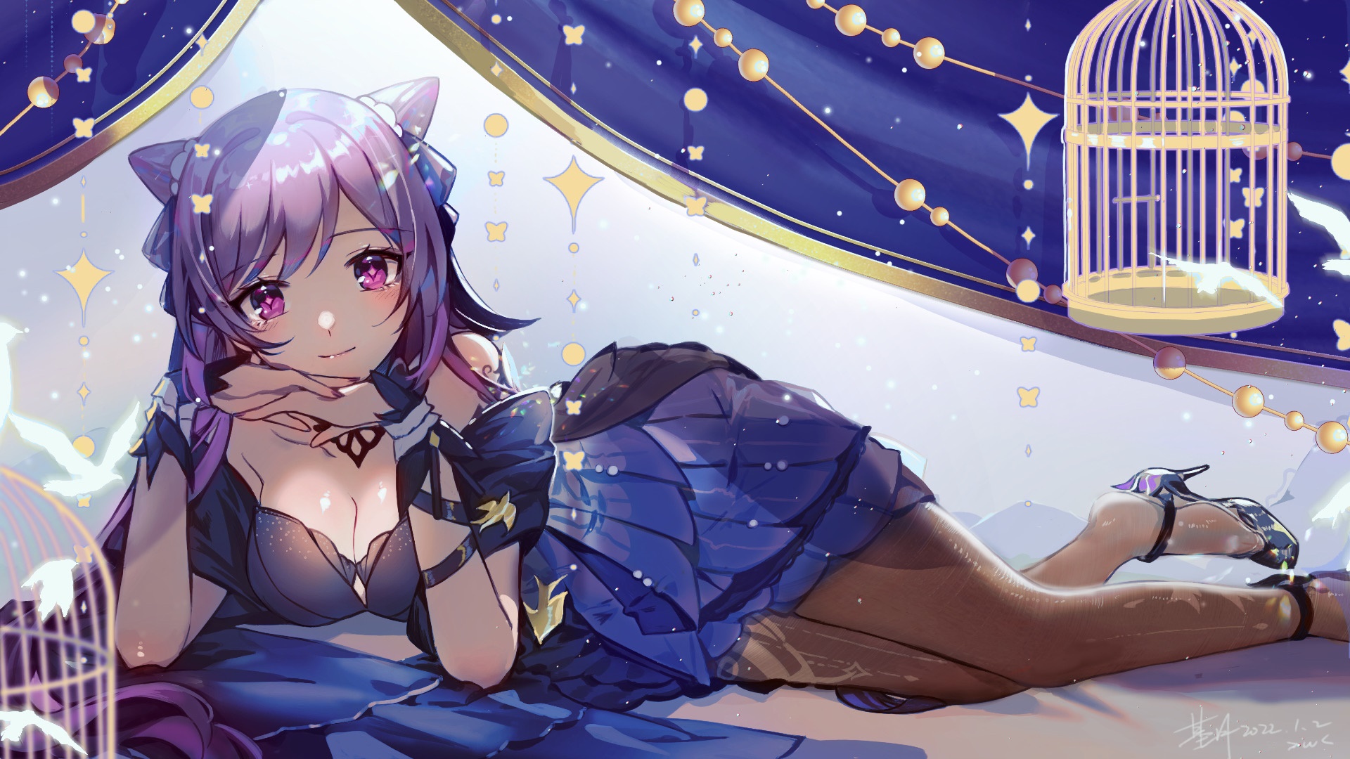 Keqing from Genshin Impact lying down HD Wallpaper