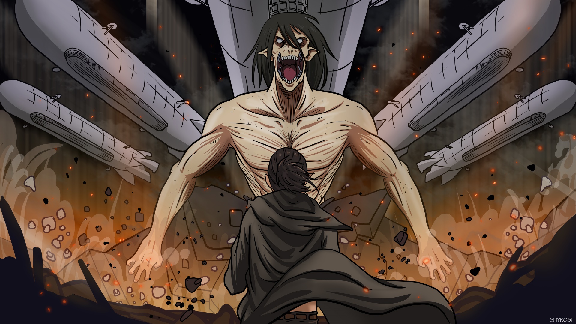Eren Yeager from Attack on Titan facing a Titan HD Wallpaper