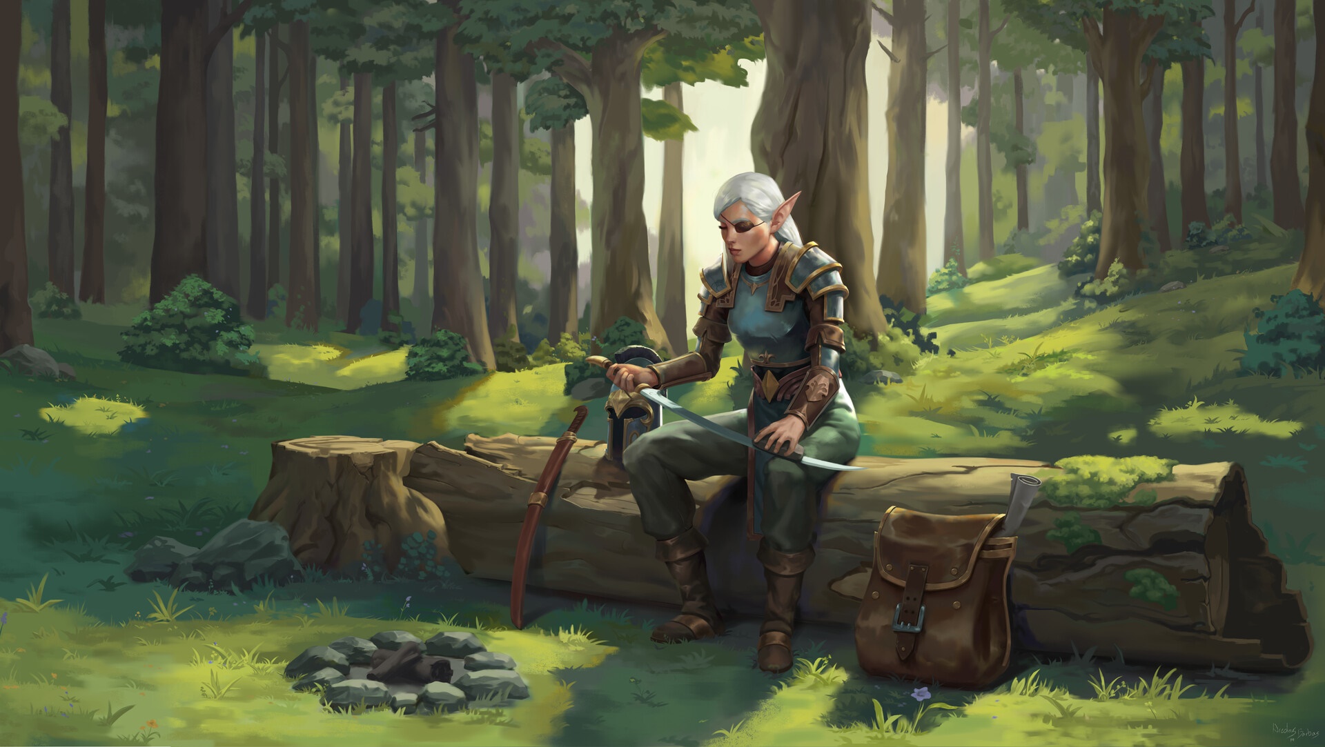 Elf with sword sitting on a log in a forest HD Wallpaper