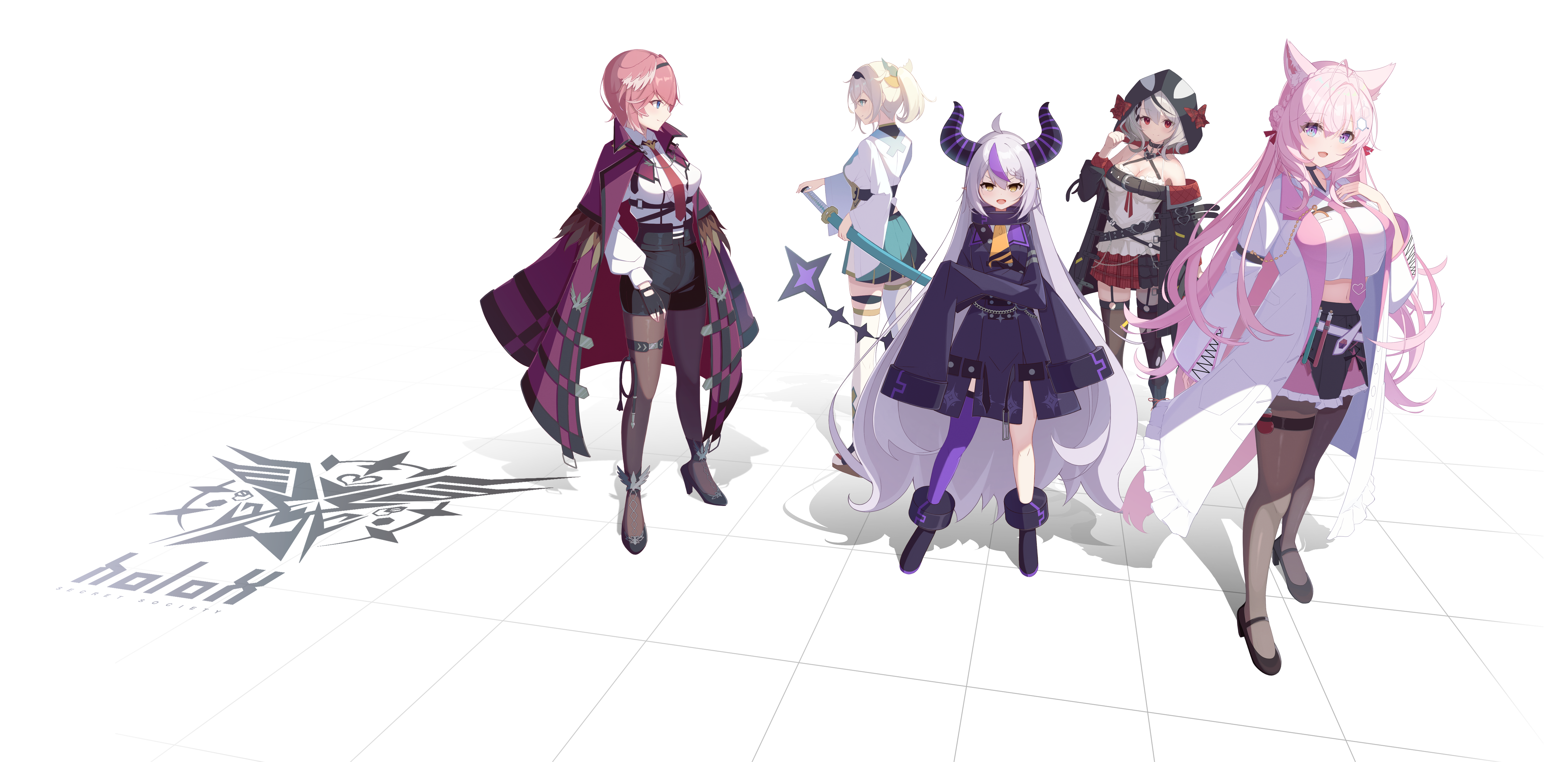 Hololive members Kazama Iroha, Sakamata Chloe, Hakui Koyori, Takane Lui, and La+ Darknesss HD Wallpaper