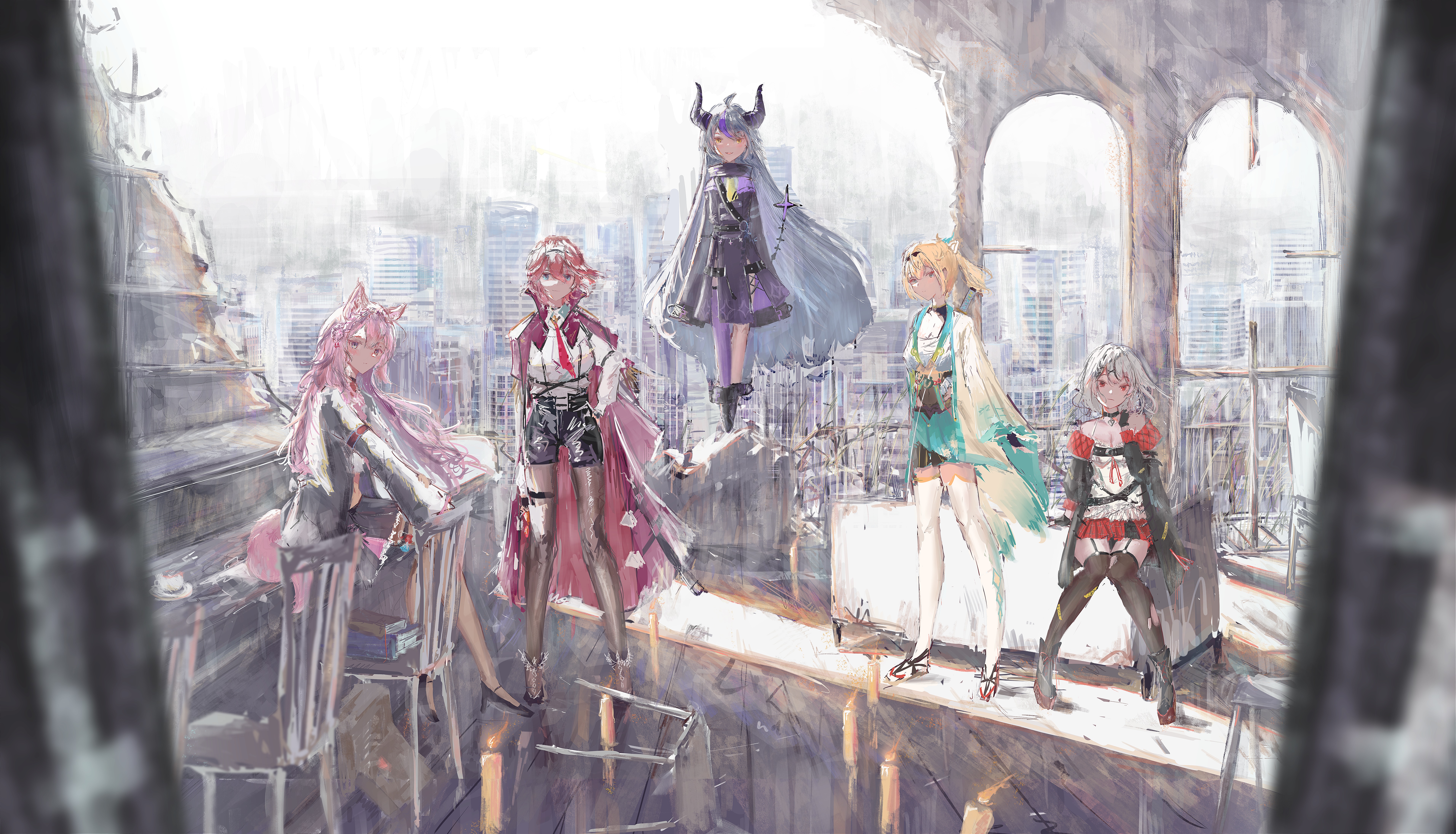 Hololive members Hakui Koyori, Kazama Iroha, La+ Darknesss, Sakamaki Izayoi, Takane Lui HD Wallpaper