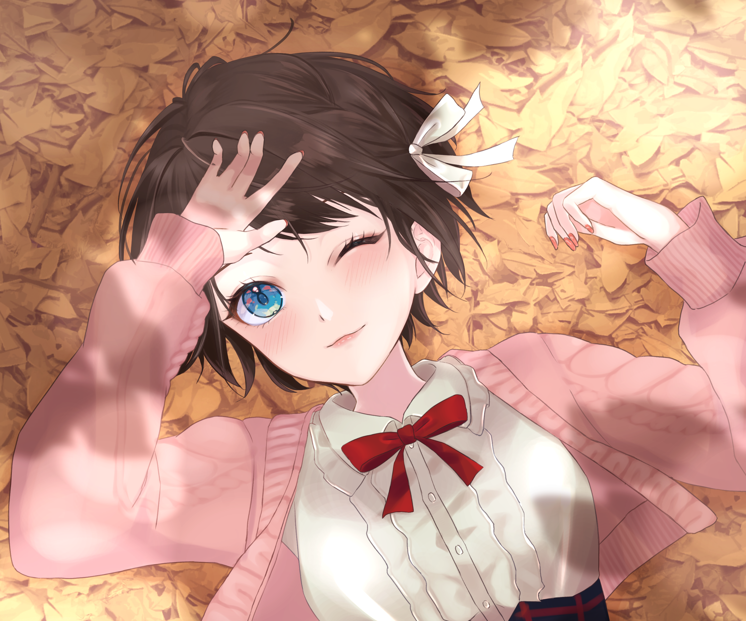 Oozora Subaru from Hololive lying on autumn leaves HD Wallpaper