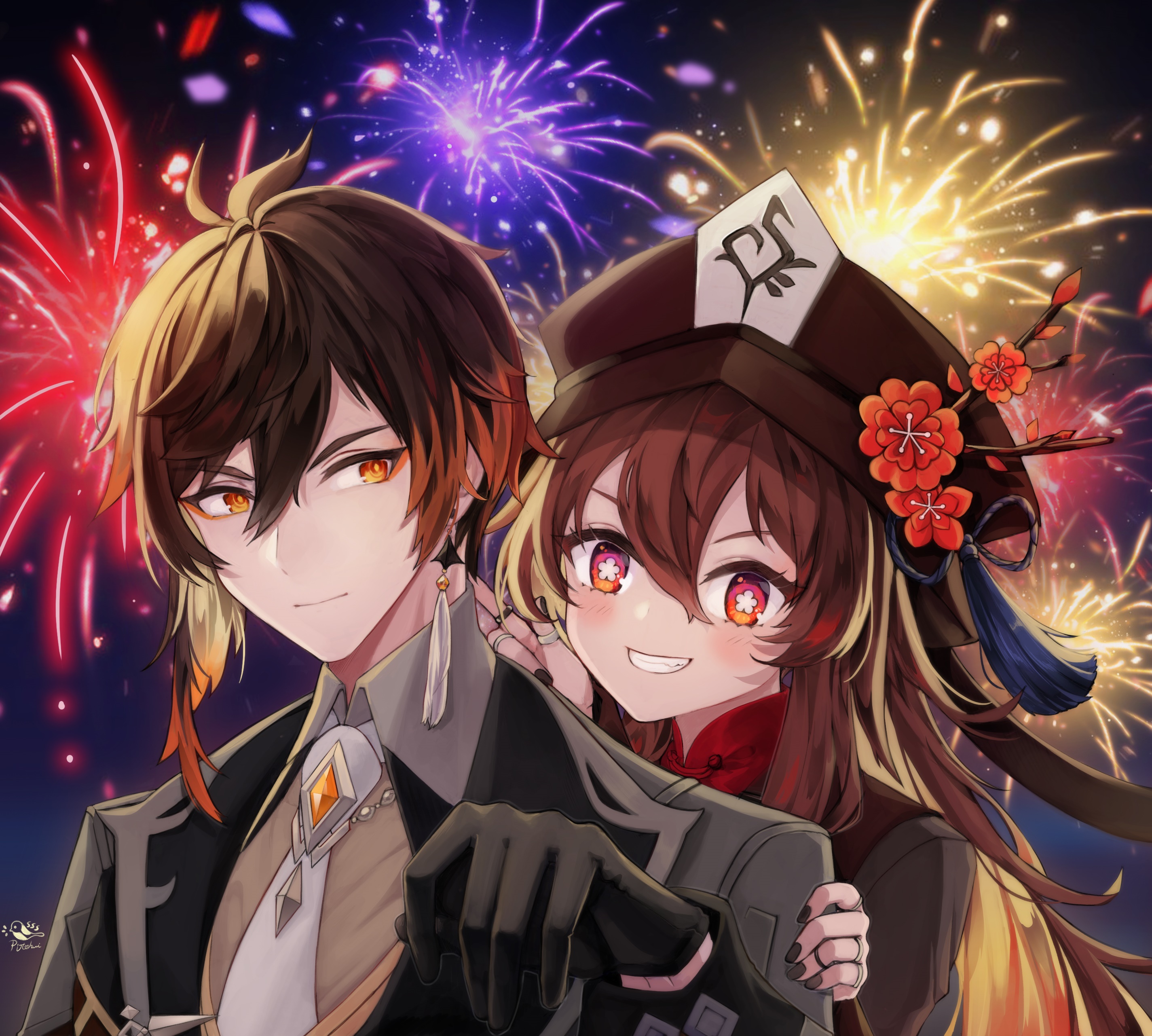 Hu Tao and Zhongli from Genshin Impact with Fireworks HD Wallpaper