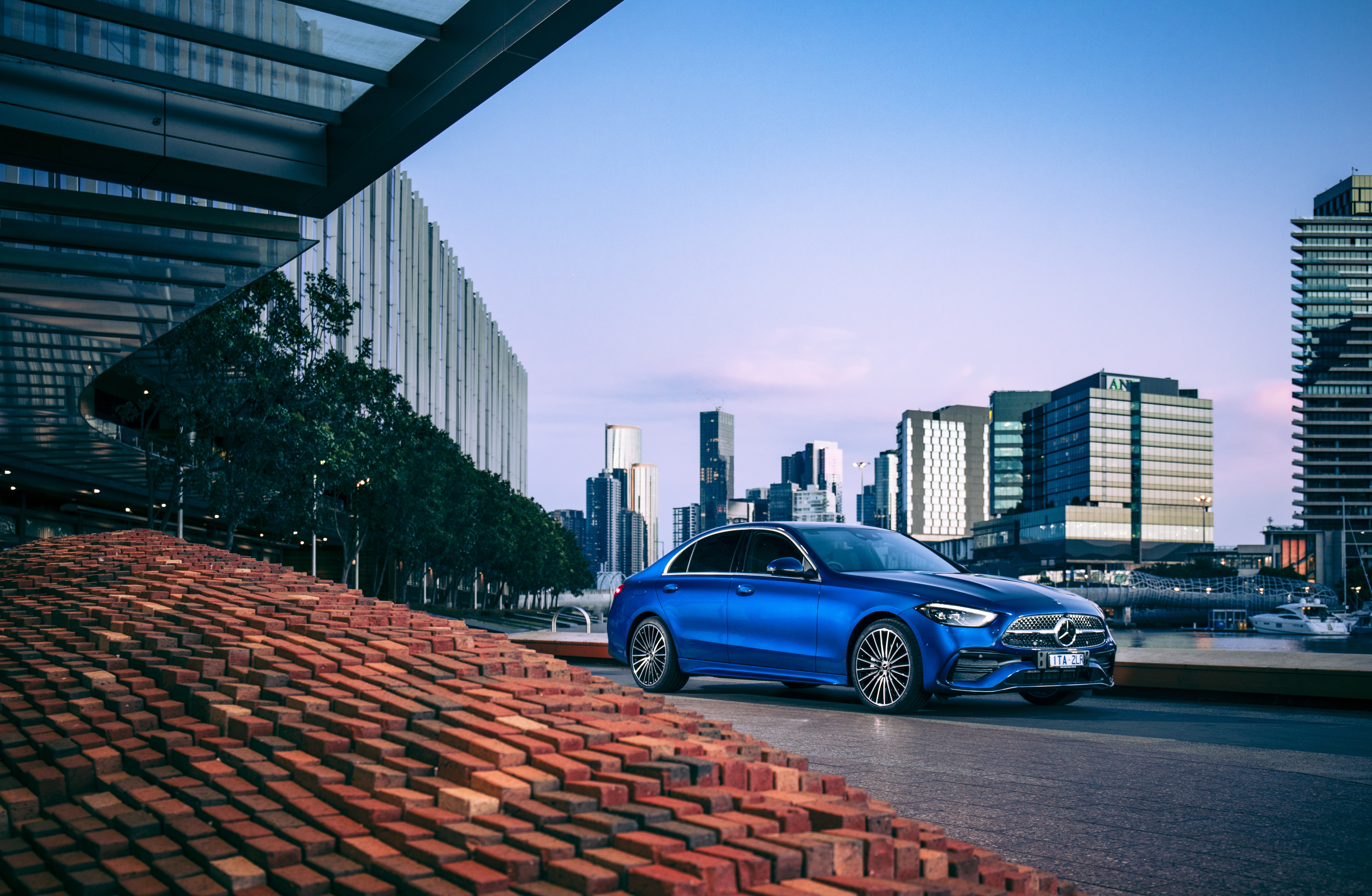 Blue Mercedes-Benz C-Class 300 AMG Line in City HD Wallpaper