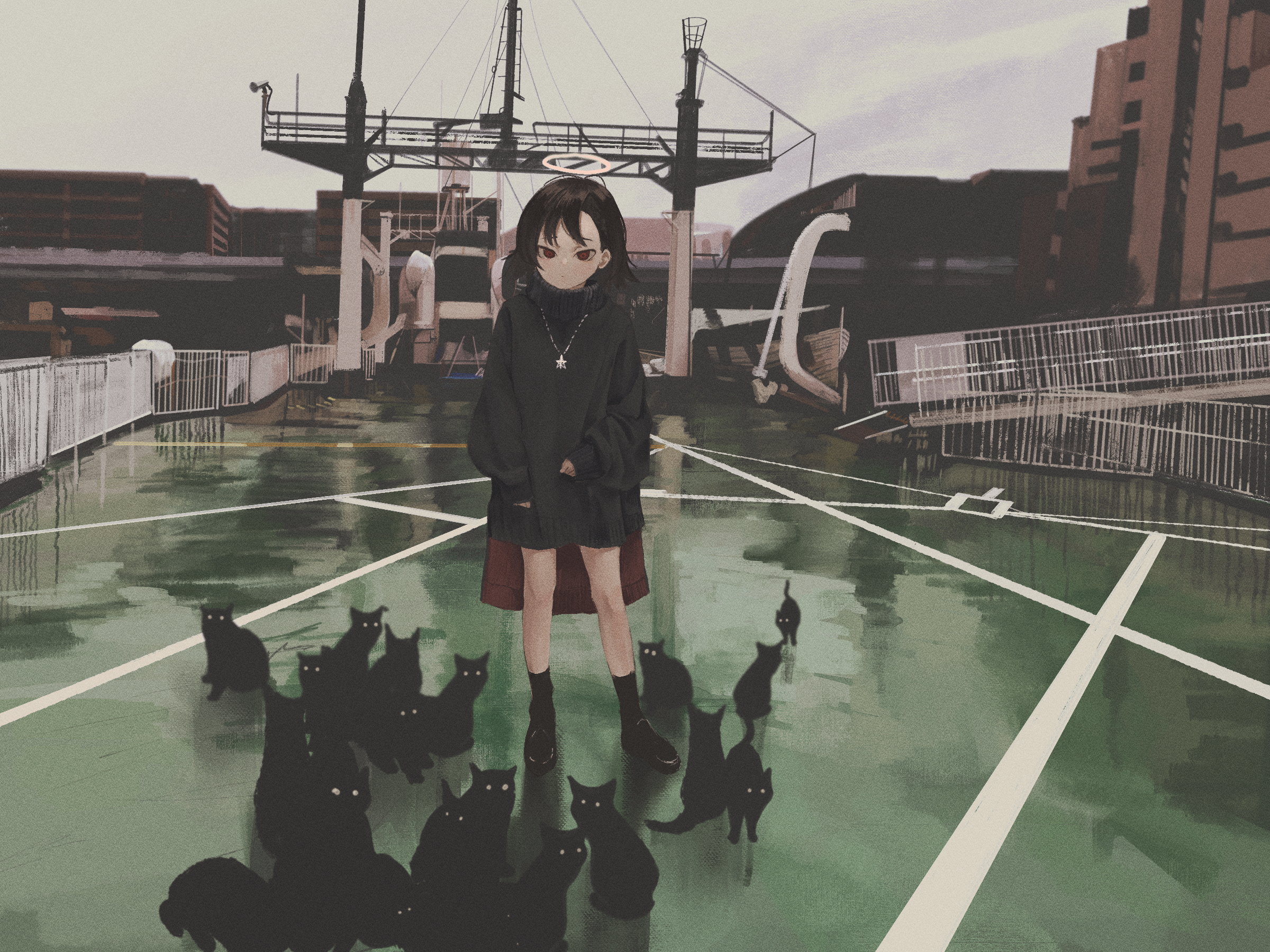 Girl with halo and black cats on a ferry deck HD Wallpaper