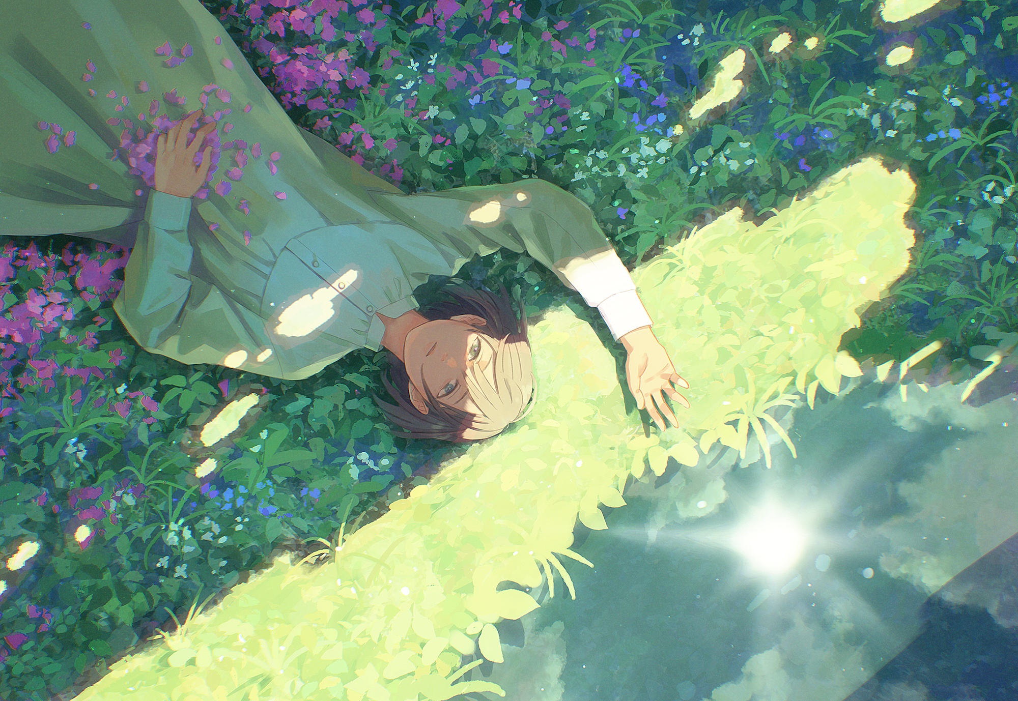 Girl lying in a field of flowers HD Wallpaper