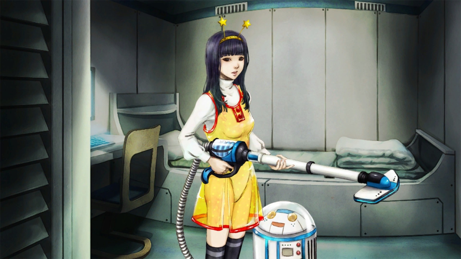 Yuriko from GNOSIA with a vacuum cleaner HD Wallpaper