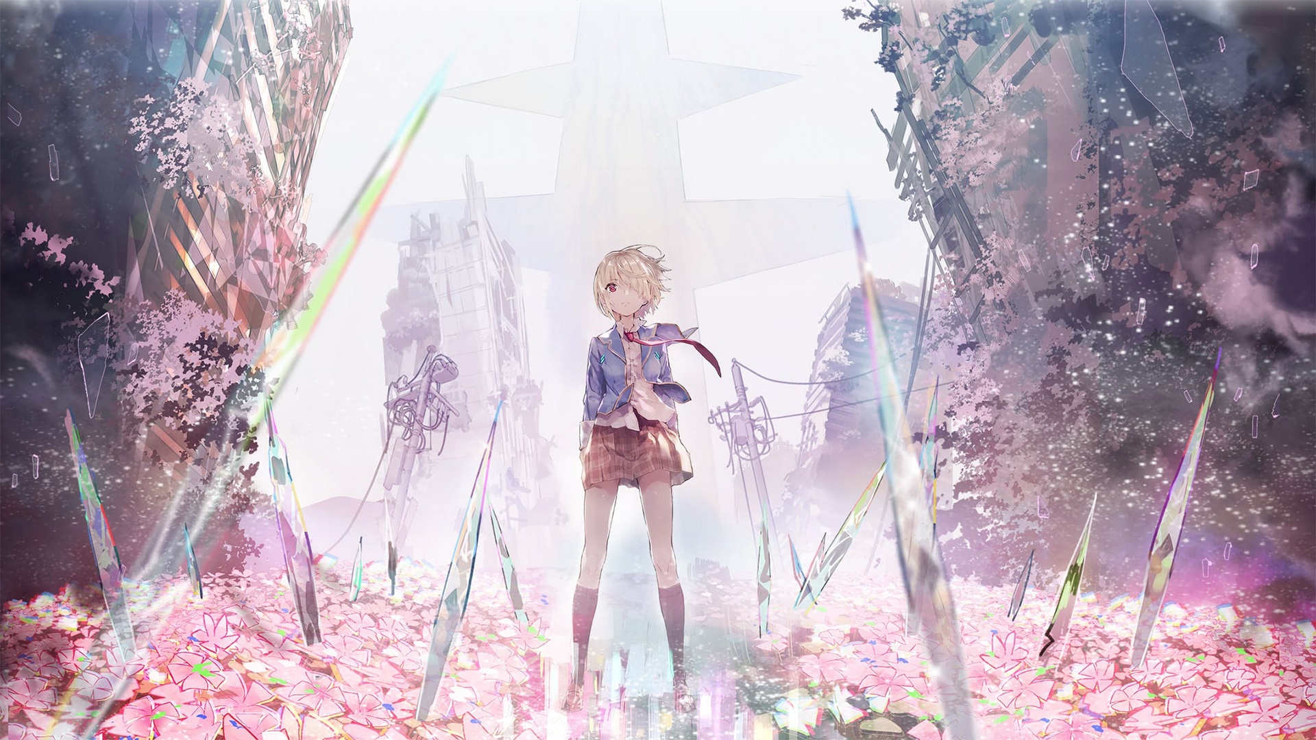 Girl in ruined city with crystal shards HD Wallpaper