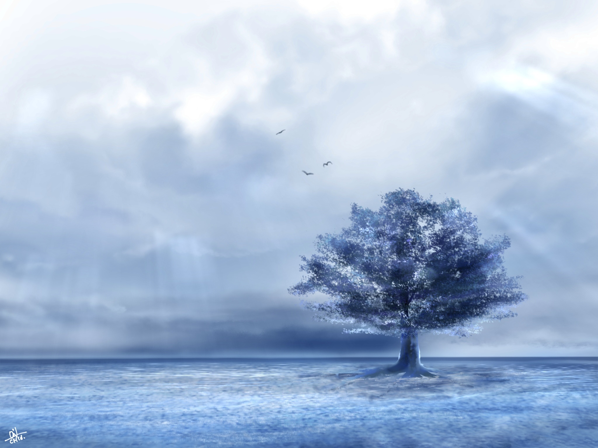 Artistic Tree in a Watery Landscape HD Wallpaper