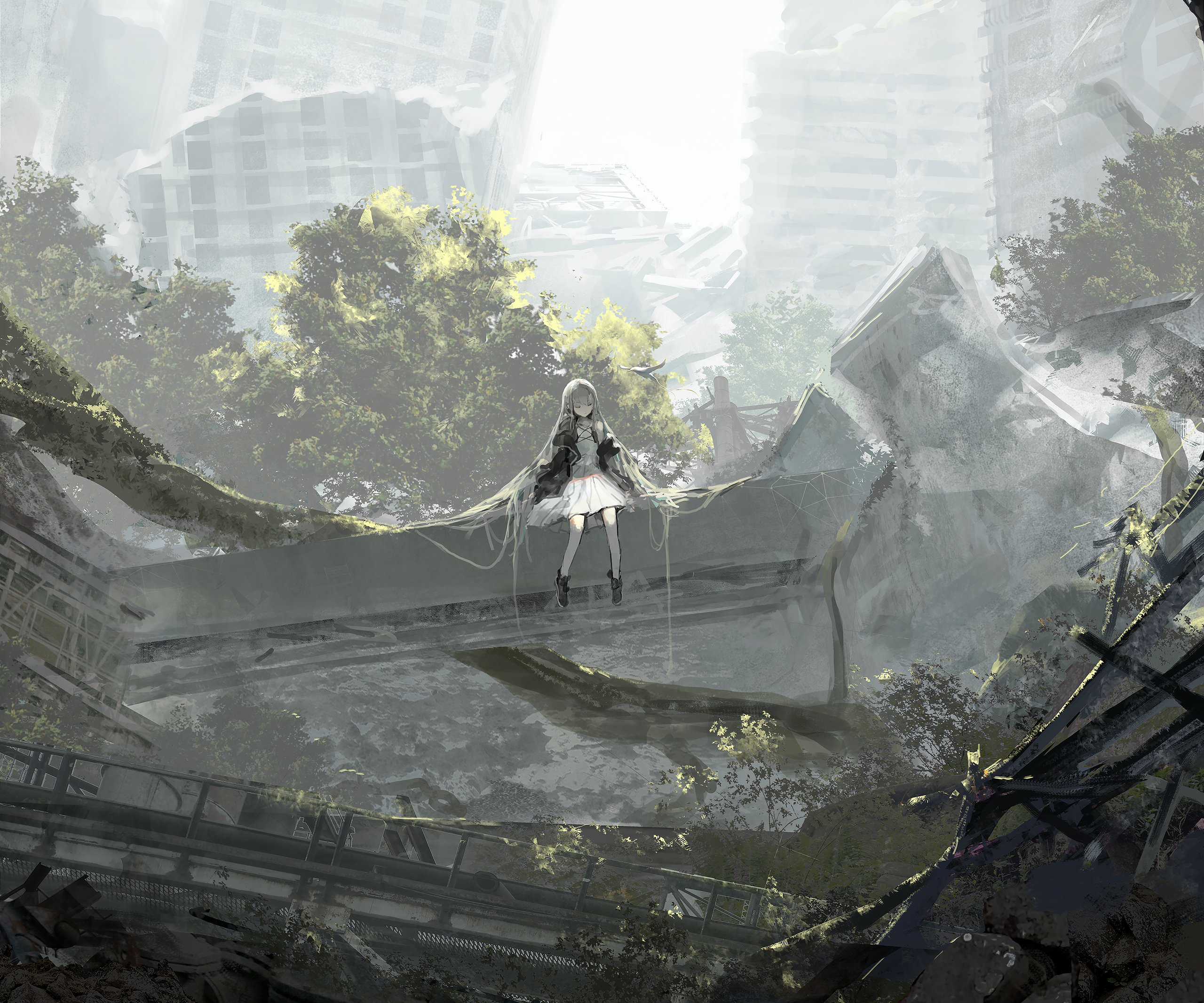 Girl sitting on ruins in a post-apocalyptic city HD Wallpaper