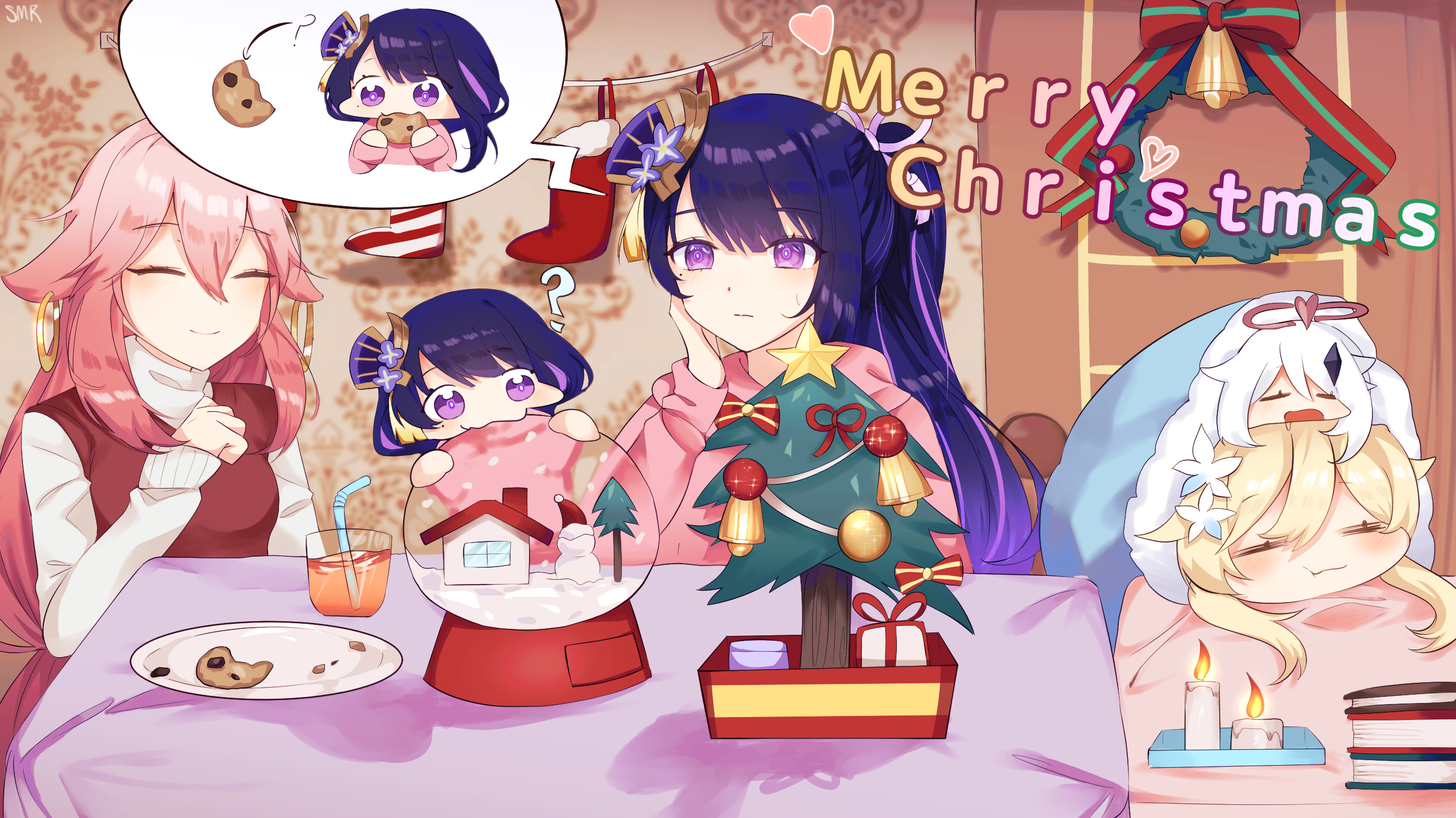 Genshin Impact: Raiden Shogun, Yae Miko, Lumine, and Paimon celebrate Christmas HD Wallpaper