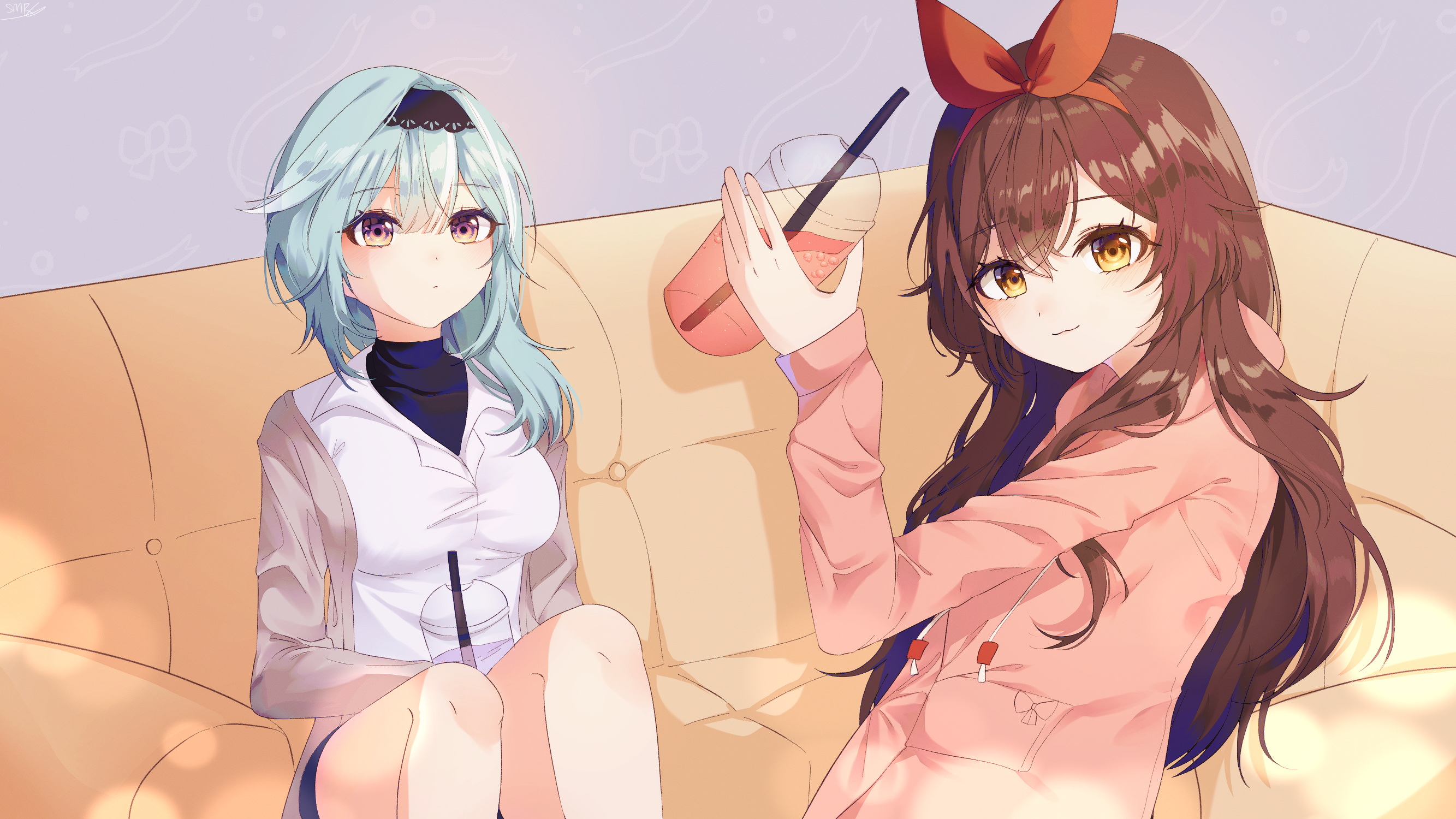 Eula and Amber from Genshin Impact relaxing on a couch HD Wallpaper