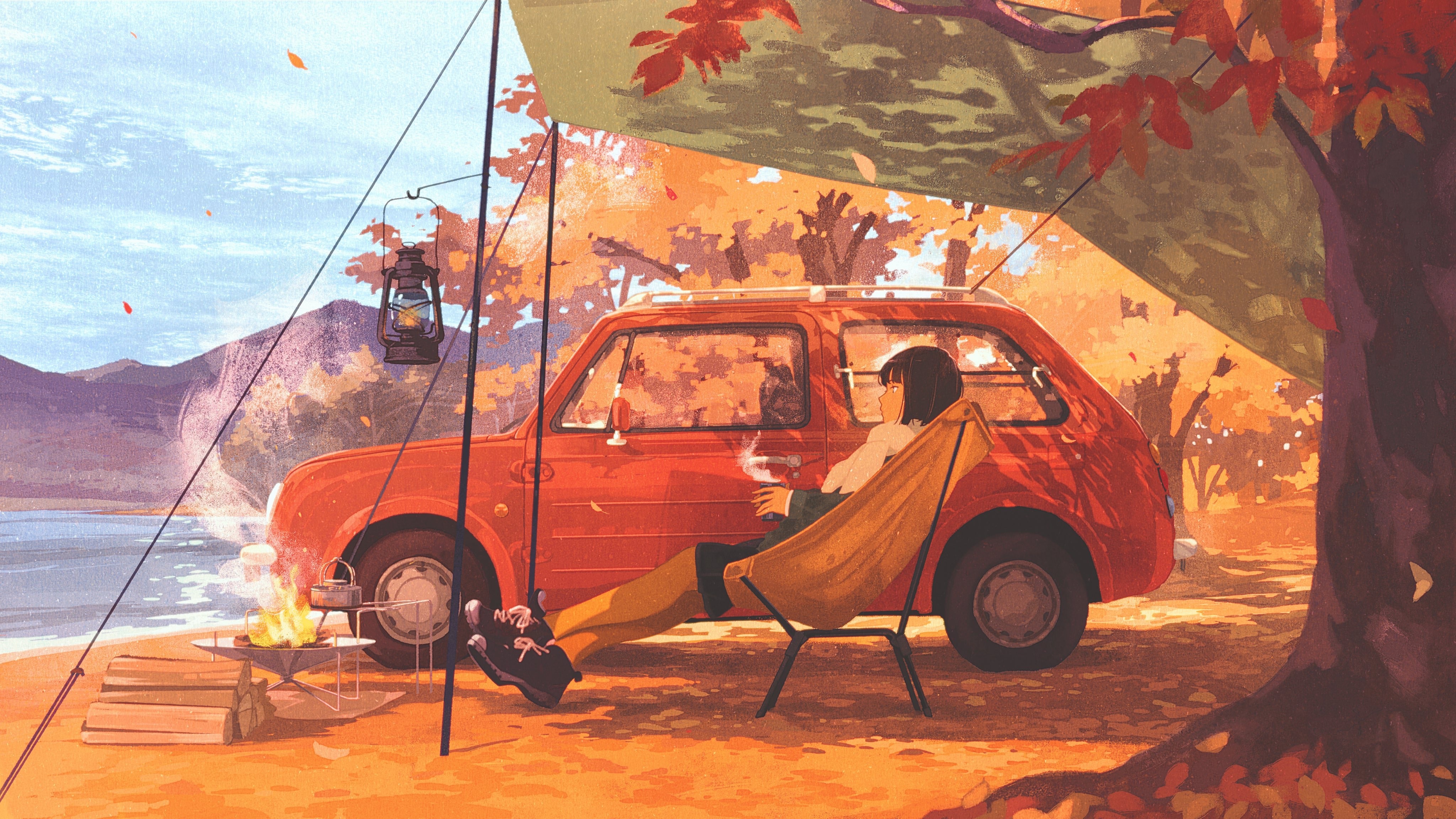 Girl camping by a lake in autumn HD Wallpaper