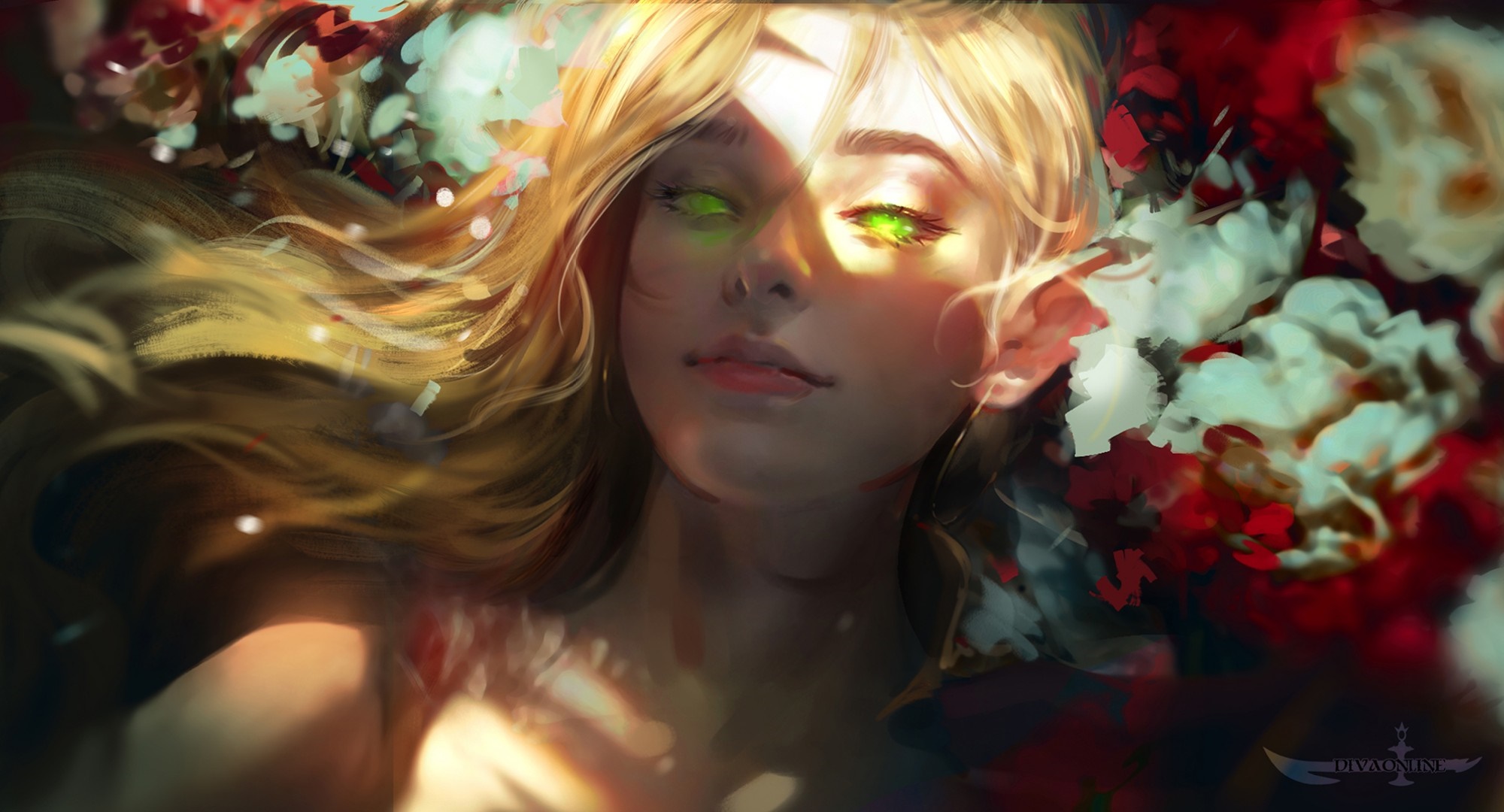 Fantasy Elf Woman with Green Eyes and Flowers HD Wallpaper