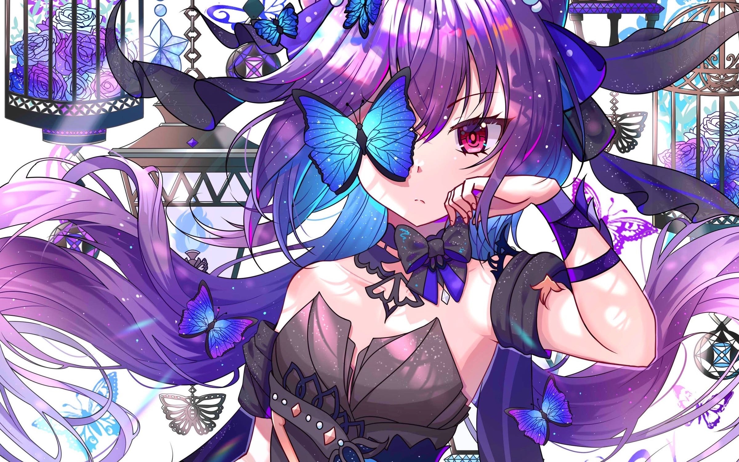 Anime girl with purple hair and butterflies HD Wallpaper