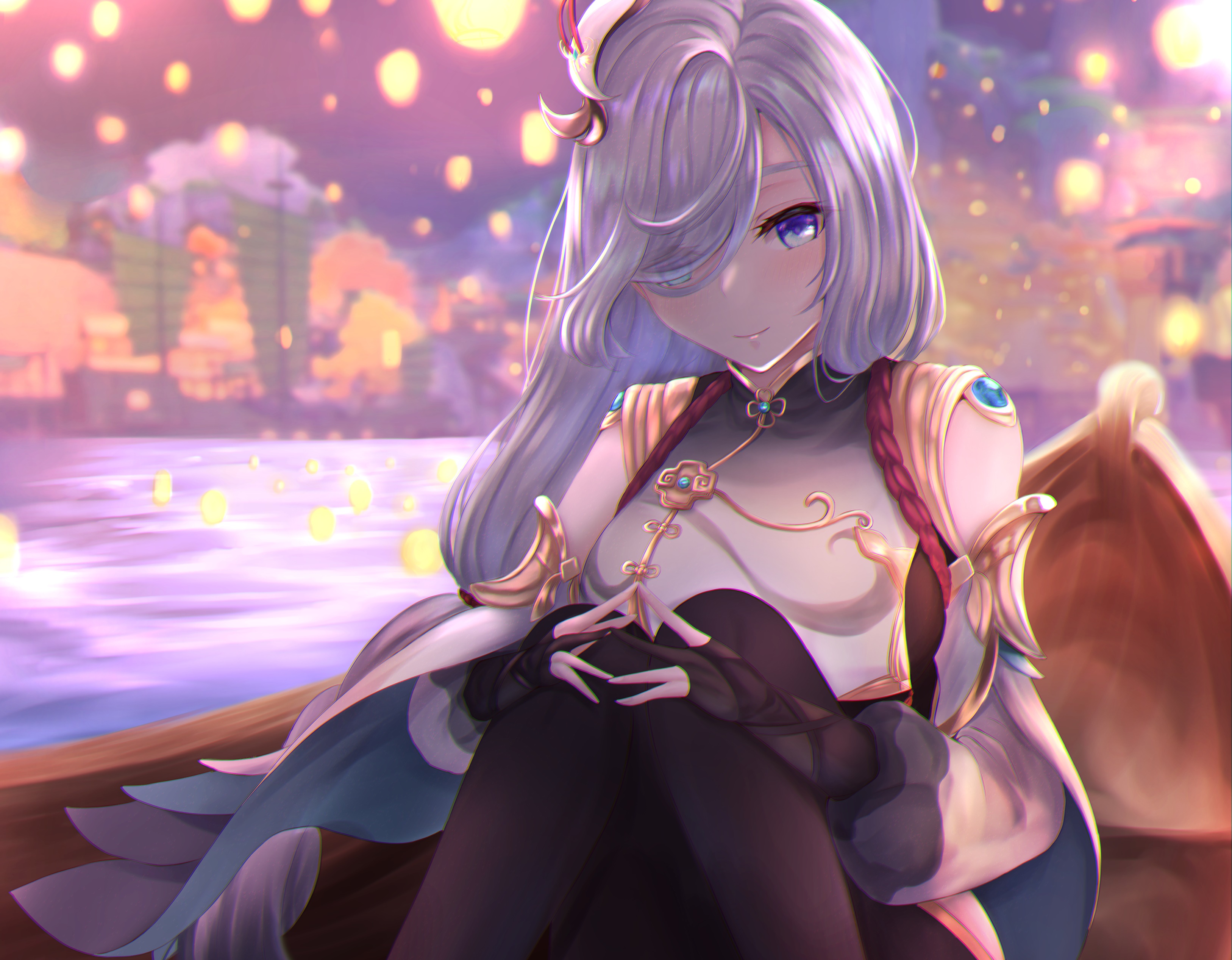 Shenhe from Genshin Impact on a boat at night HD Wallpaper