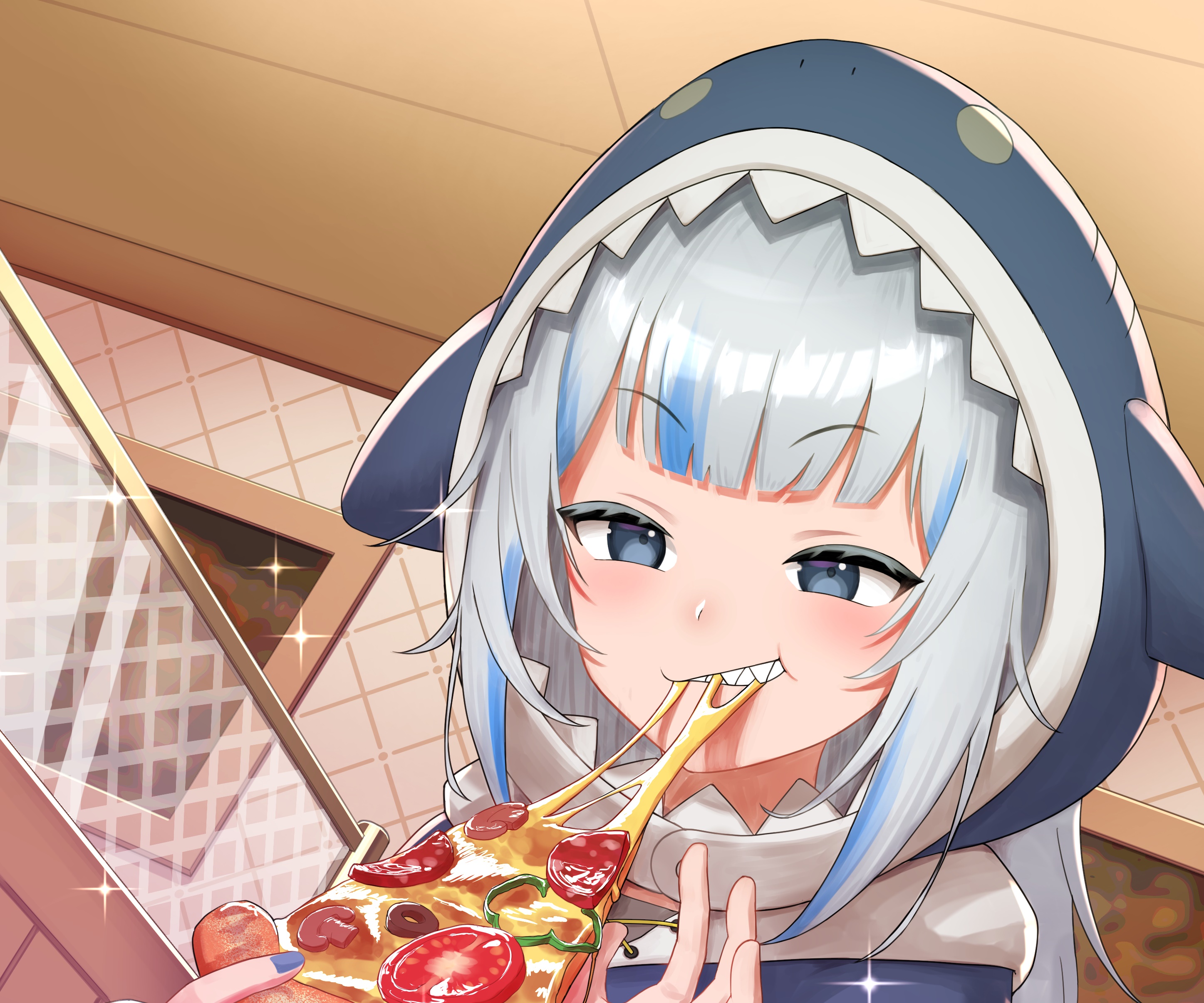 Gawr Gura from Hololive eating pizza HD Wallpaper