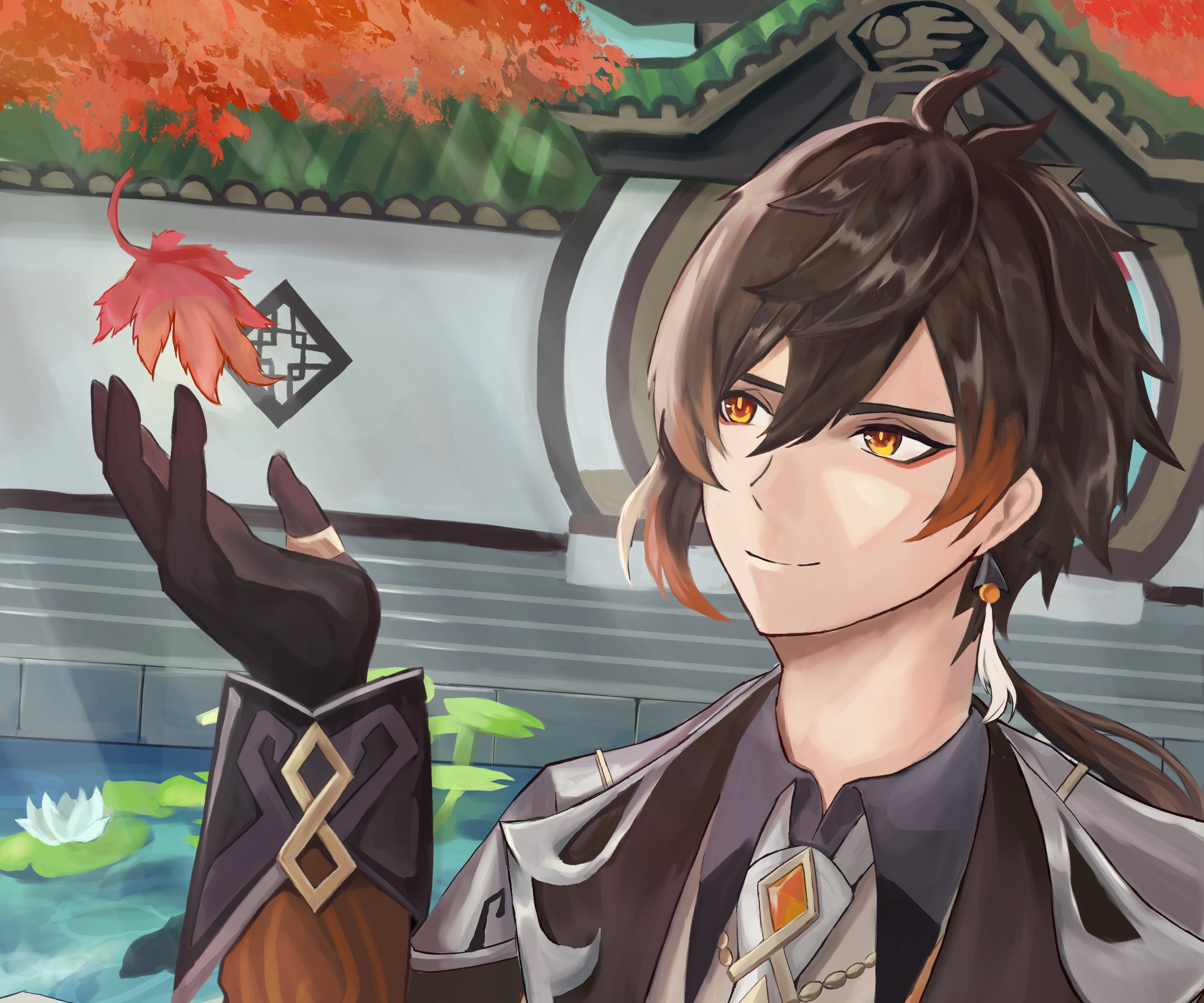 Zhongli from Genshin Impact holding a leaf HD Wallpaper