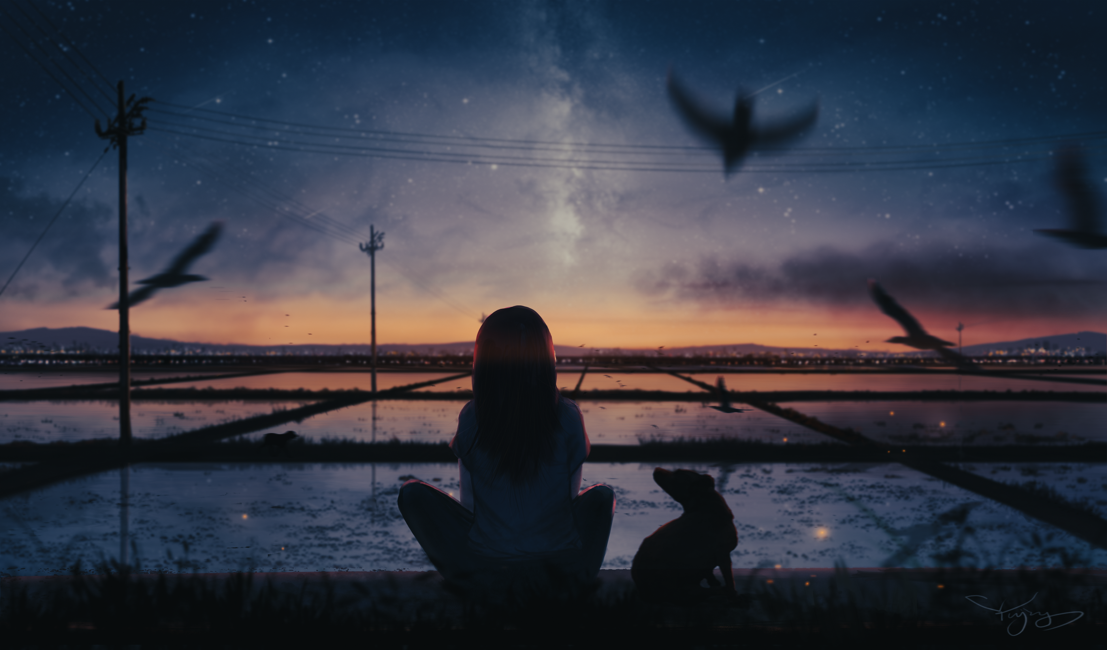 Girl and dog watching the Milky Way at dusk HD Wallpaper