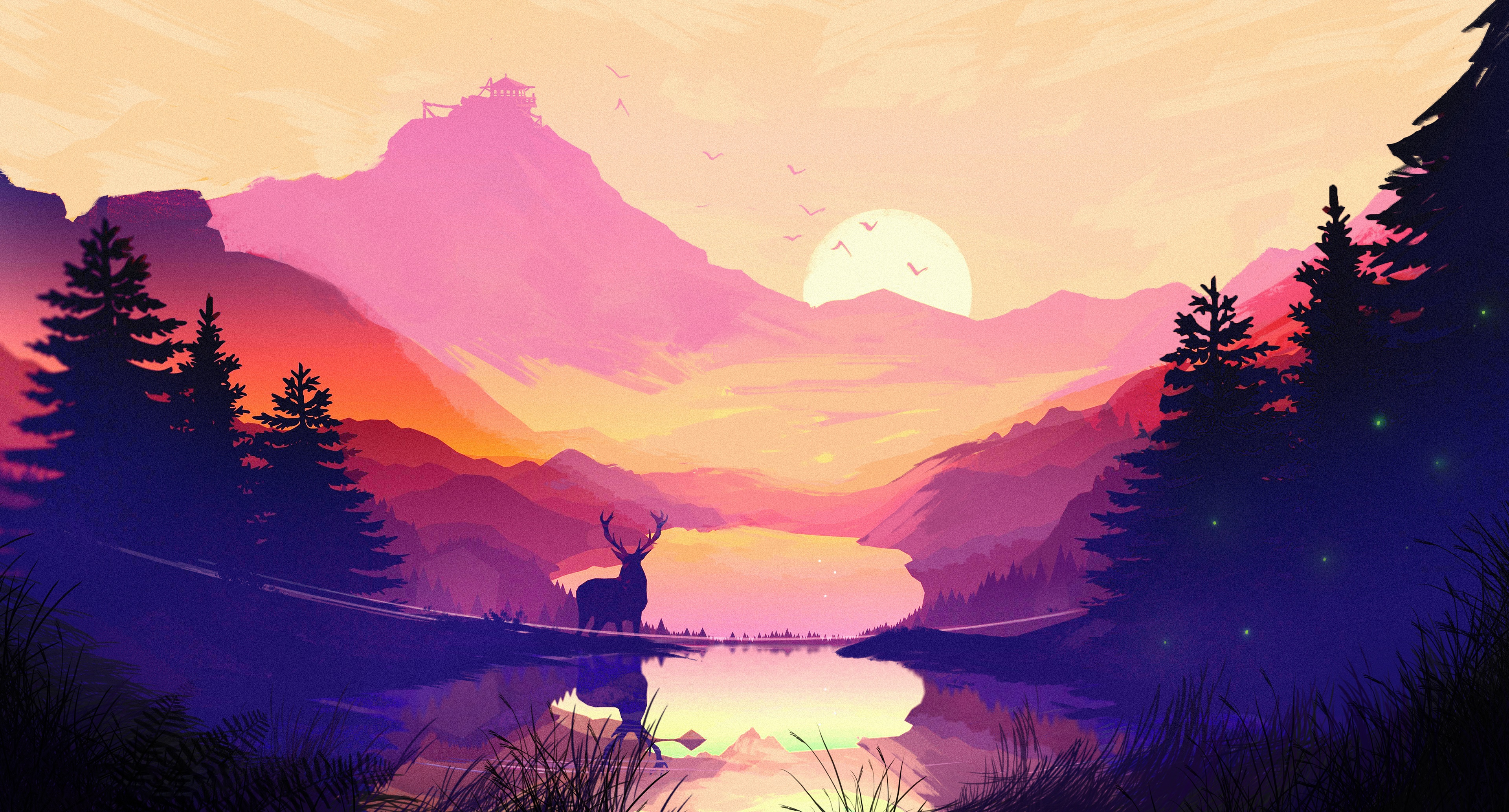 Artistic landscape with deer at sunrise HD Wallpaper