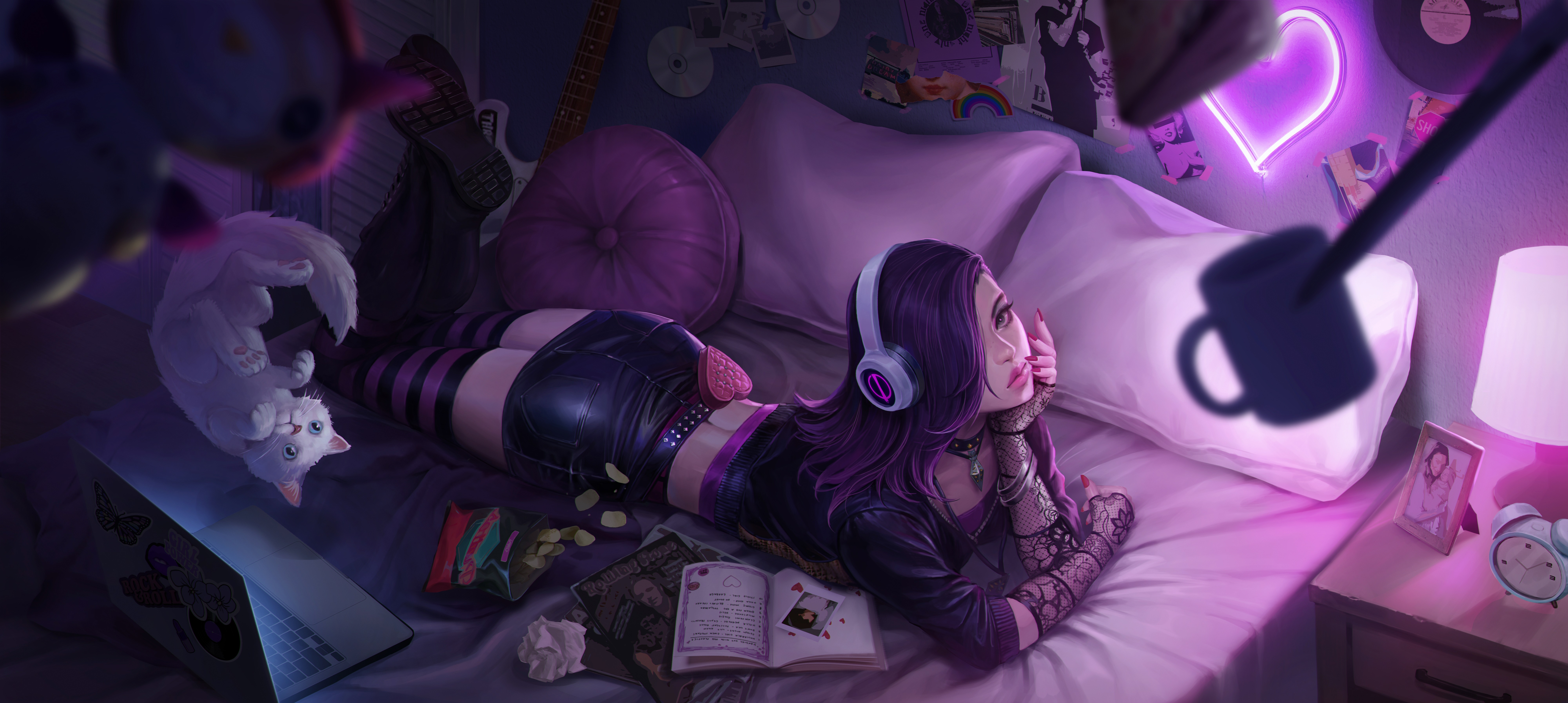 Girl with headphones in a bedroom with a cat HD Wallpaper