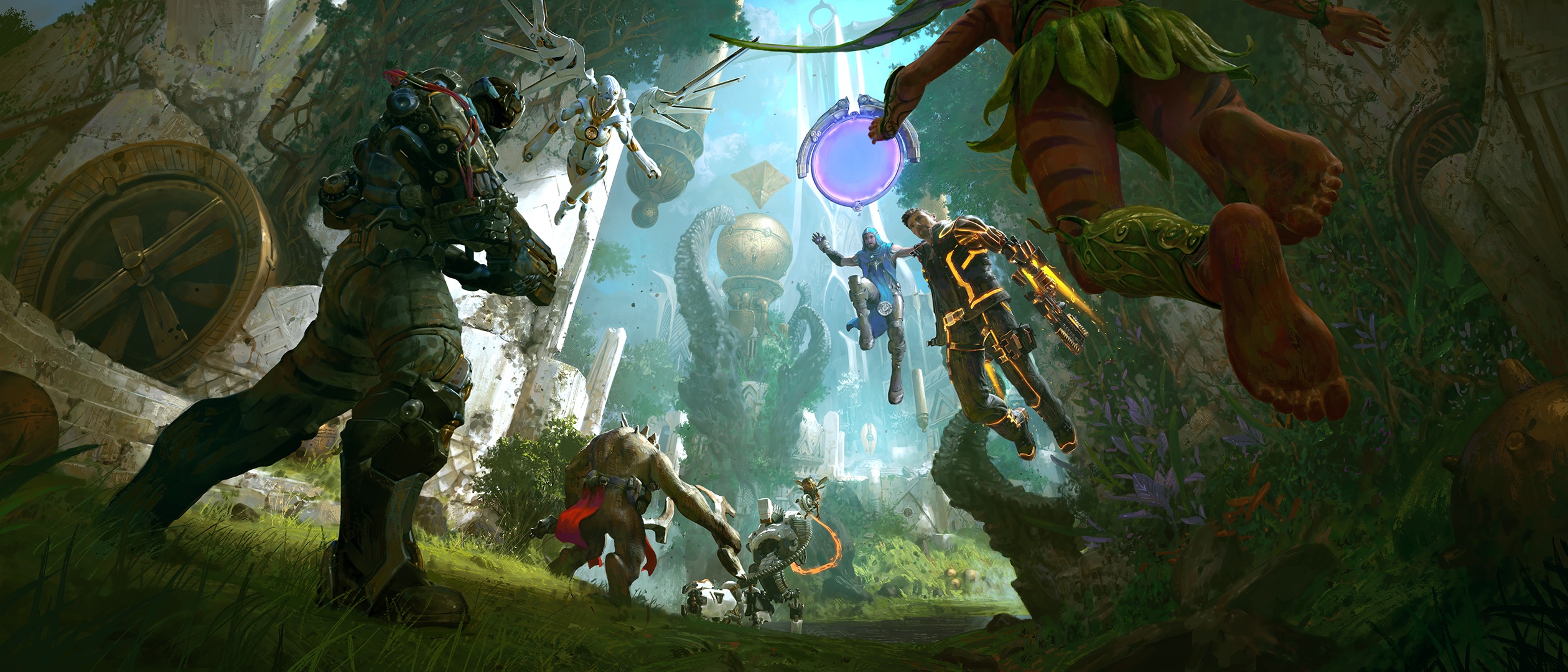 Overprime characters in a fantasy forest setting HD Wallpaper
