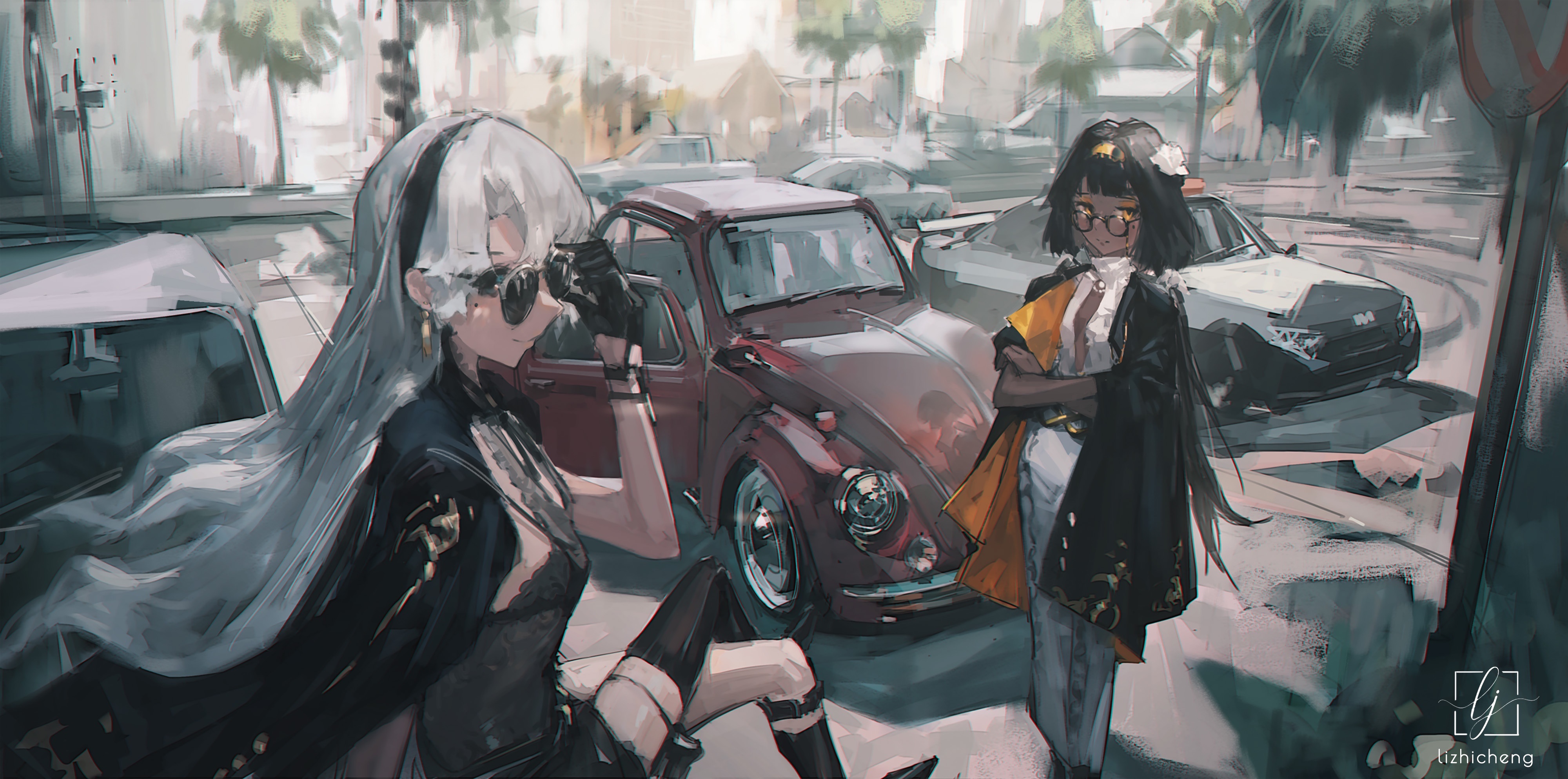 Two girls in sunglasses with cars in the background HD Wallpaper