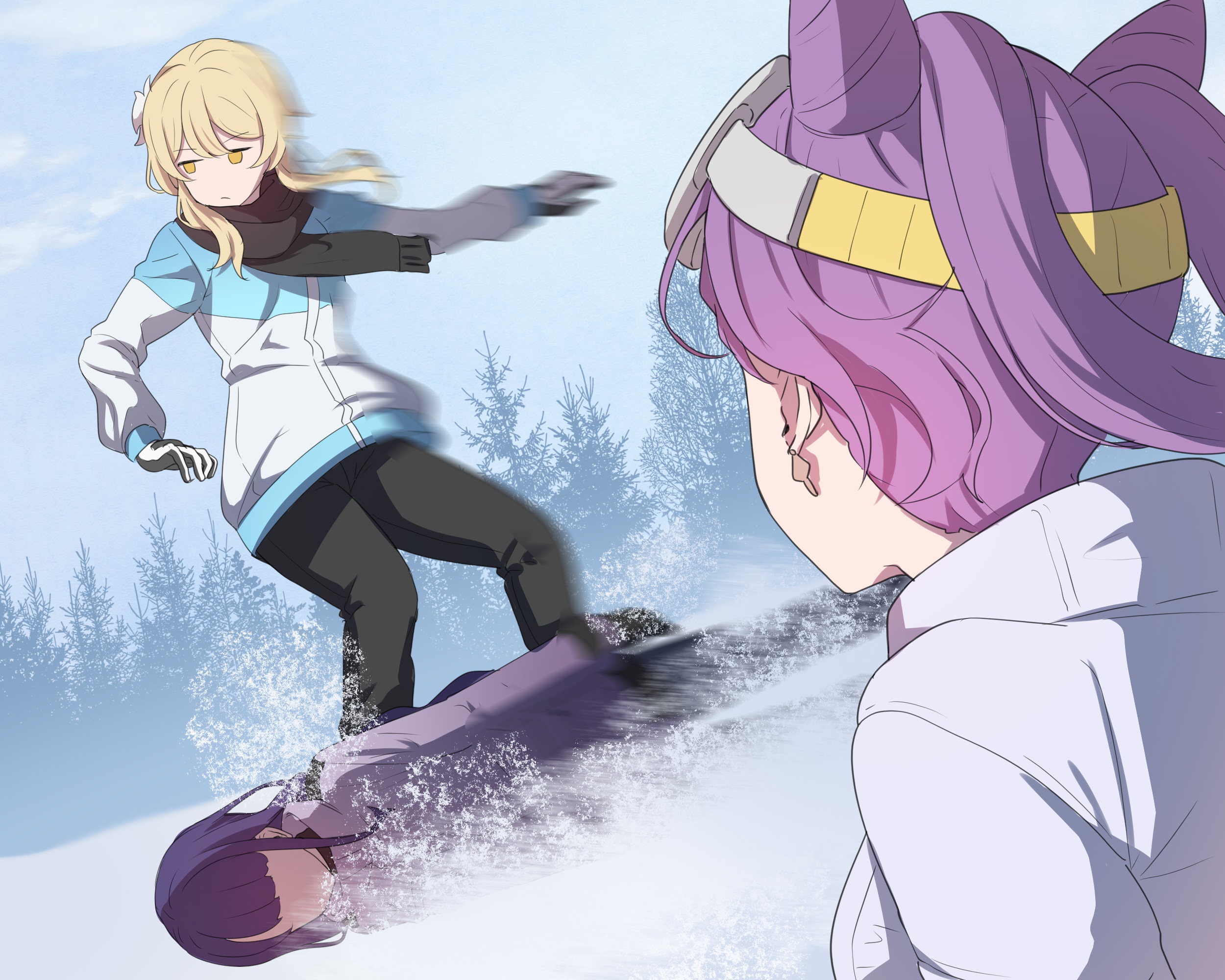 Lumine snowboarding with Raiden Shogun from Genshin Impact HD Wallpaper