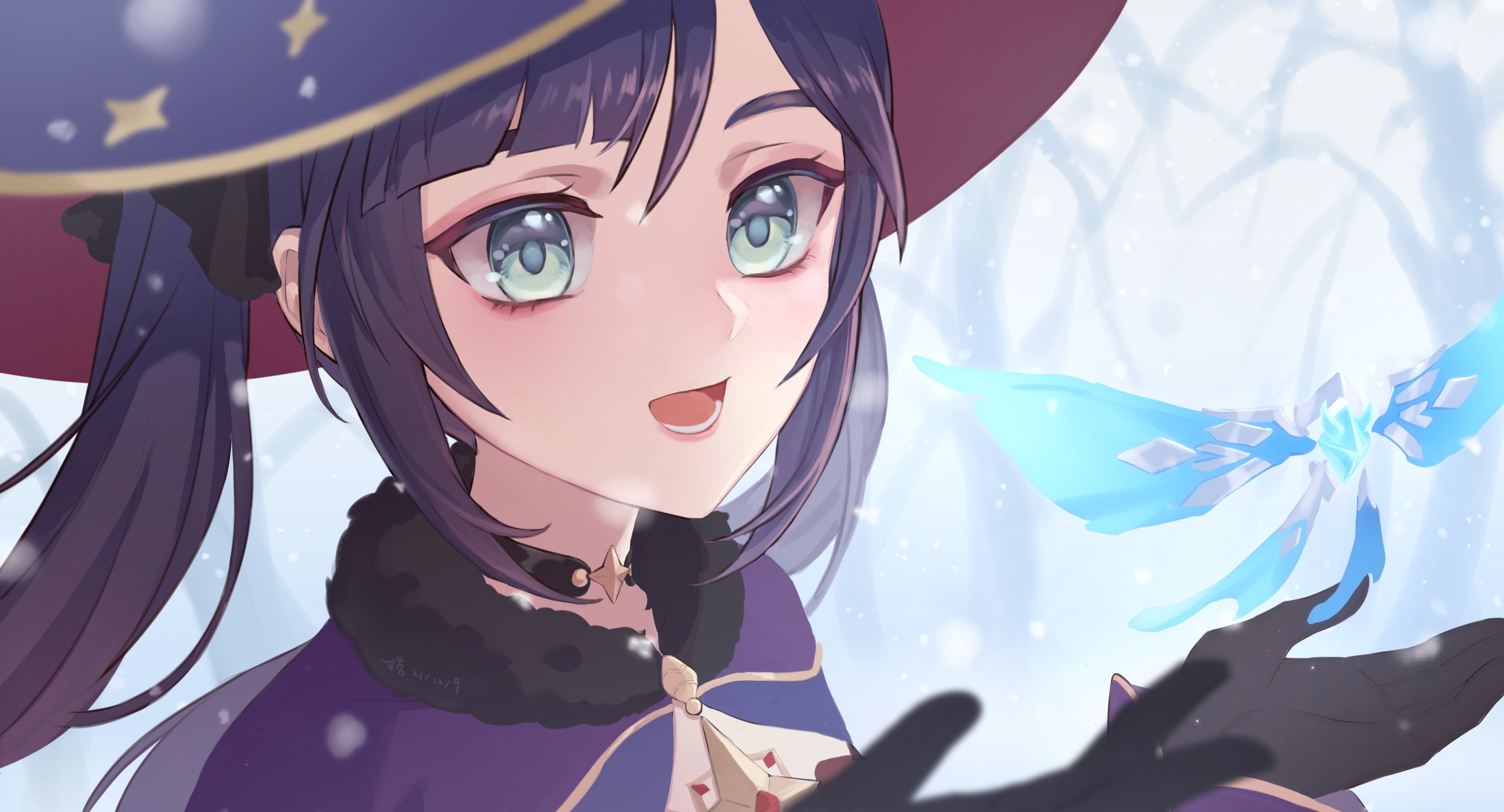 Mona from Genshin Impact with a frost sprite HD Wallpaper