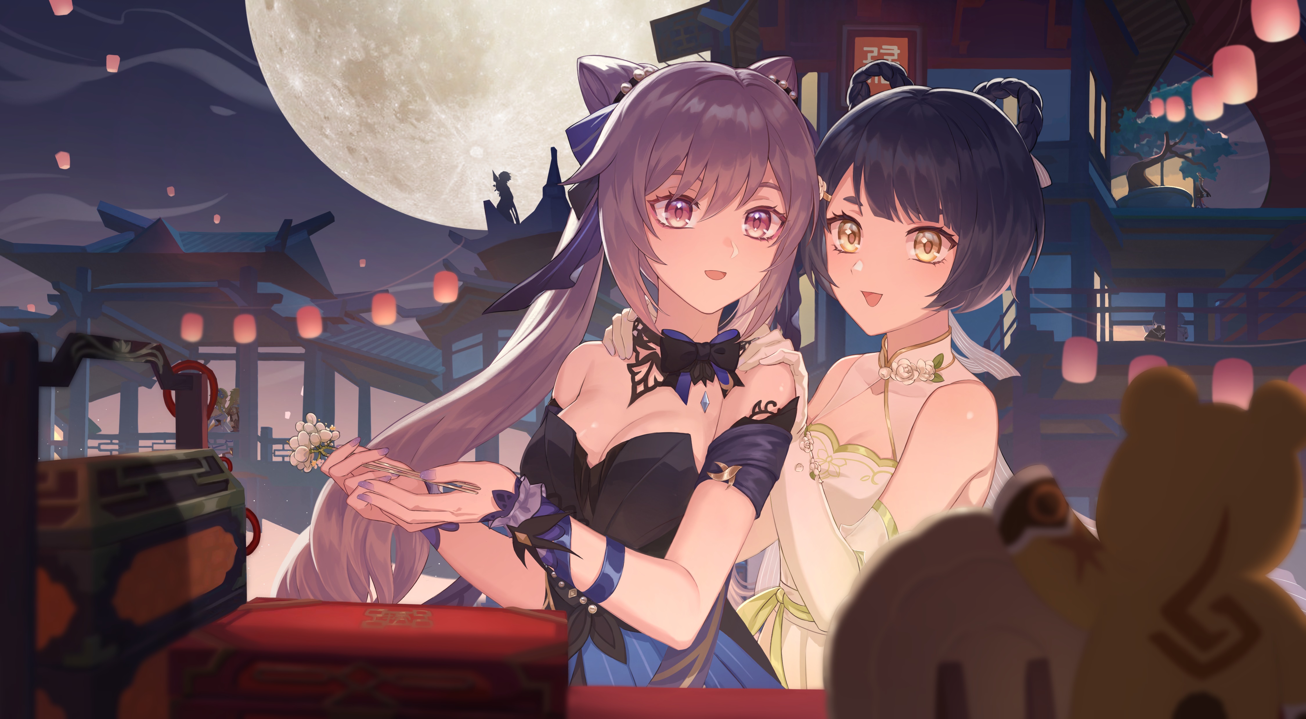 Keqing and Xiangling from Genshin Impact under the moon HD Wallpaper