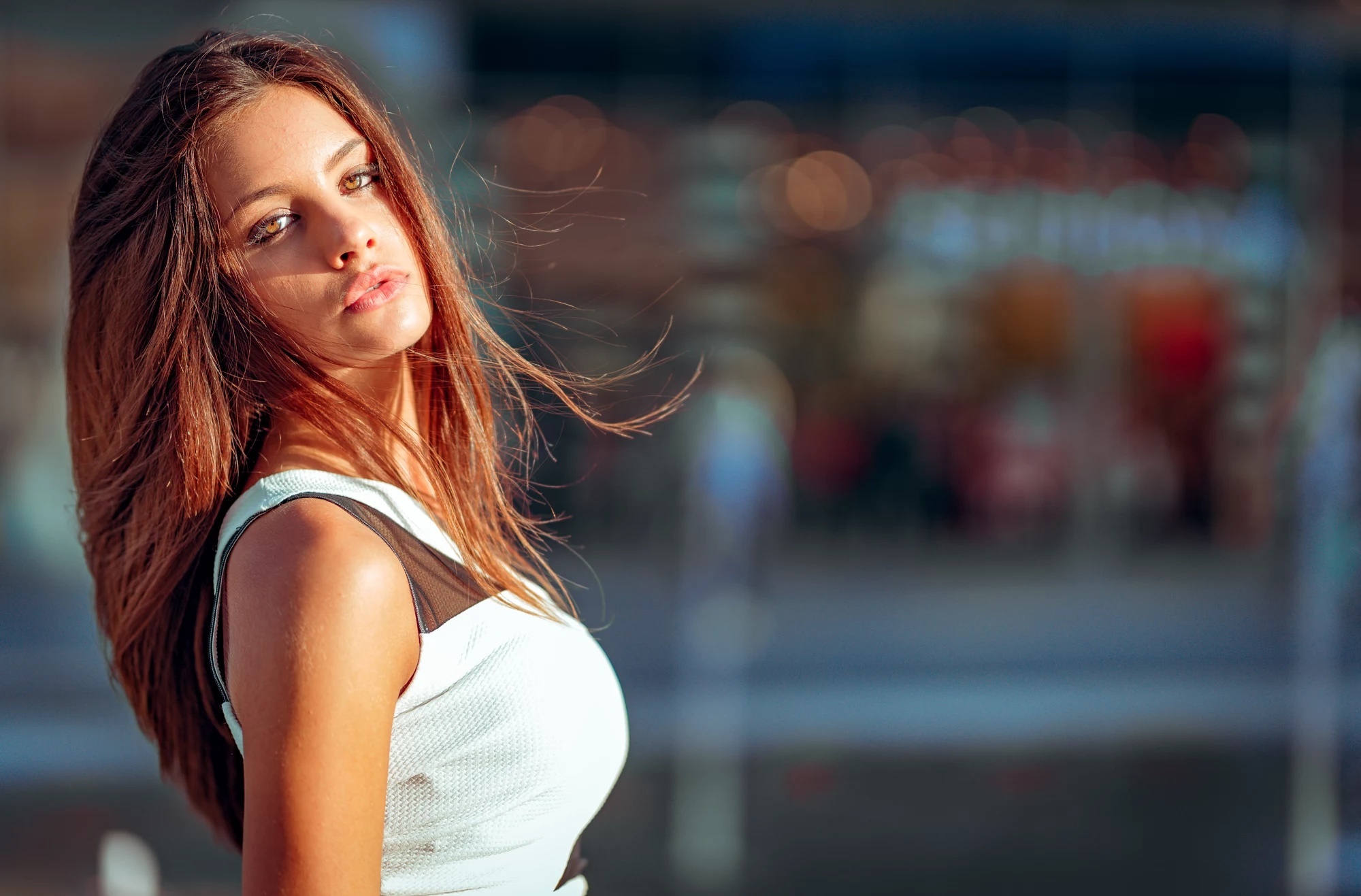 Woman with long brown hair HD Wallpaper
