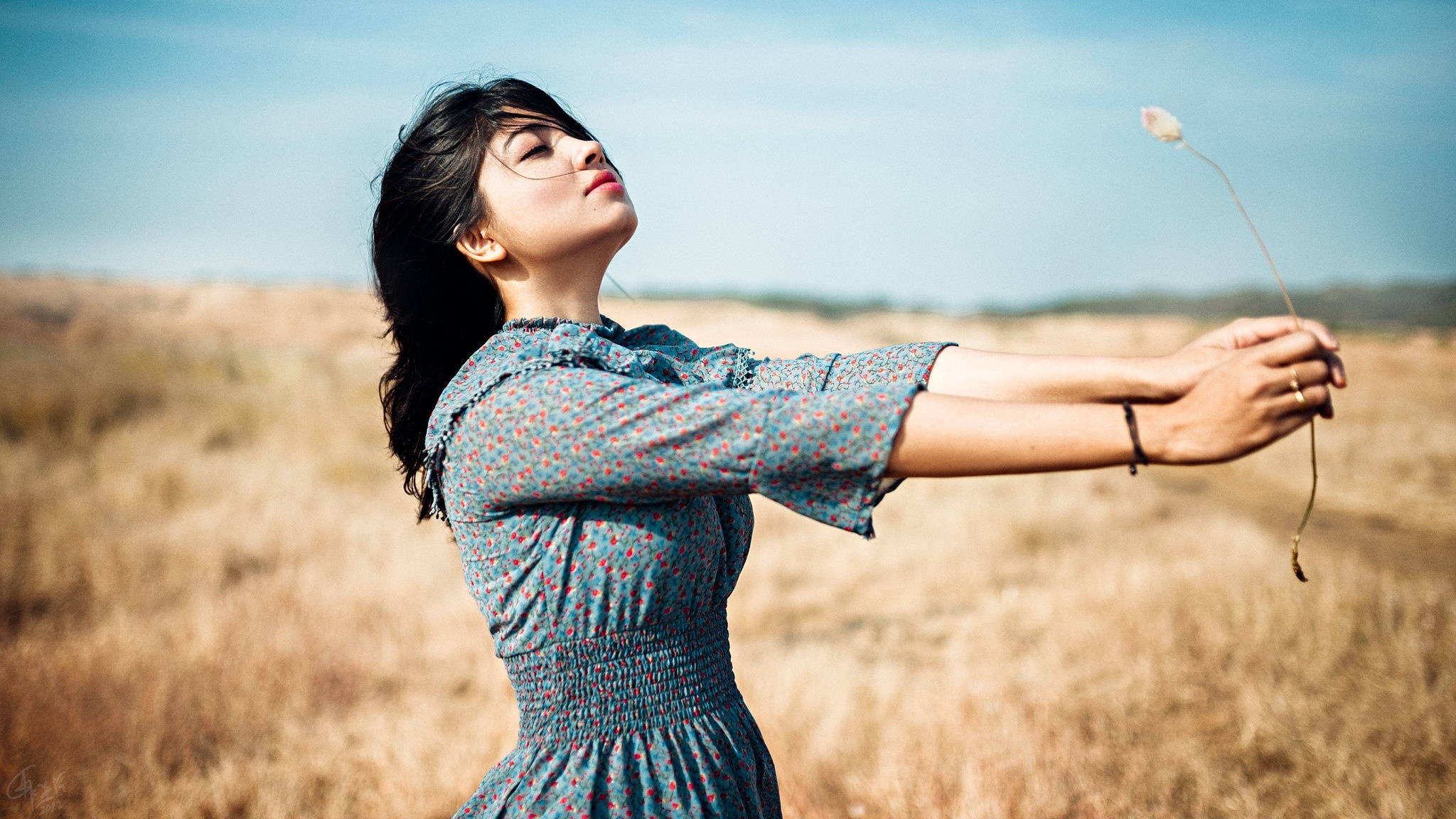 Woman in a field holding a plant HD Wallpaper