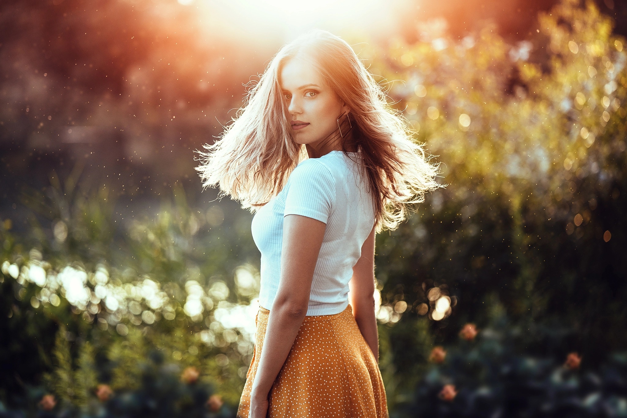 Woman in white shirt and yellow skirt outdoors HD Wallpaper