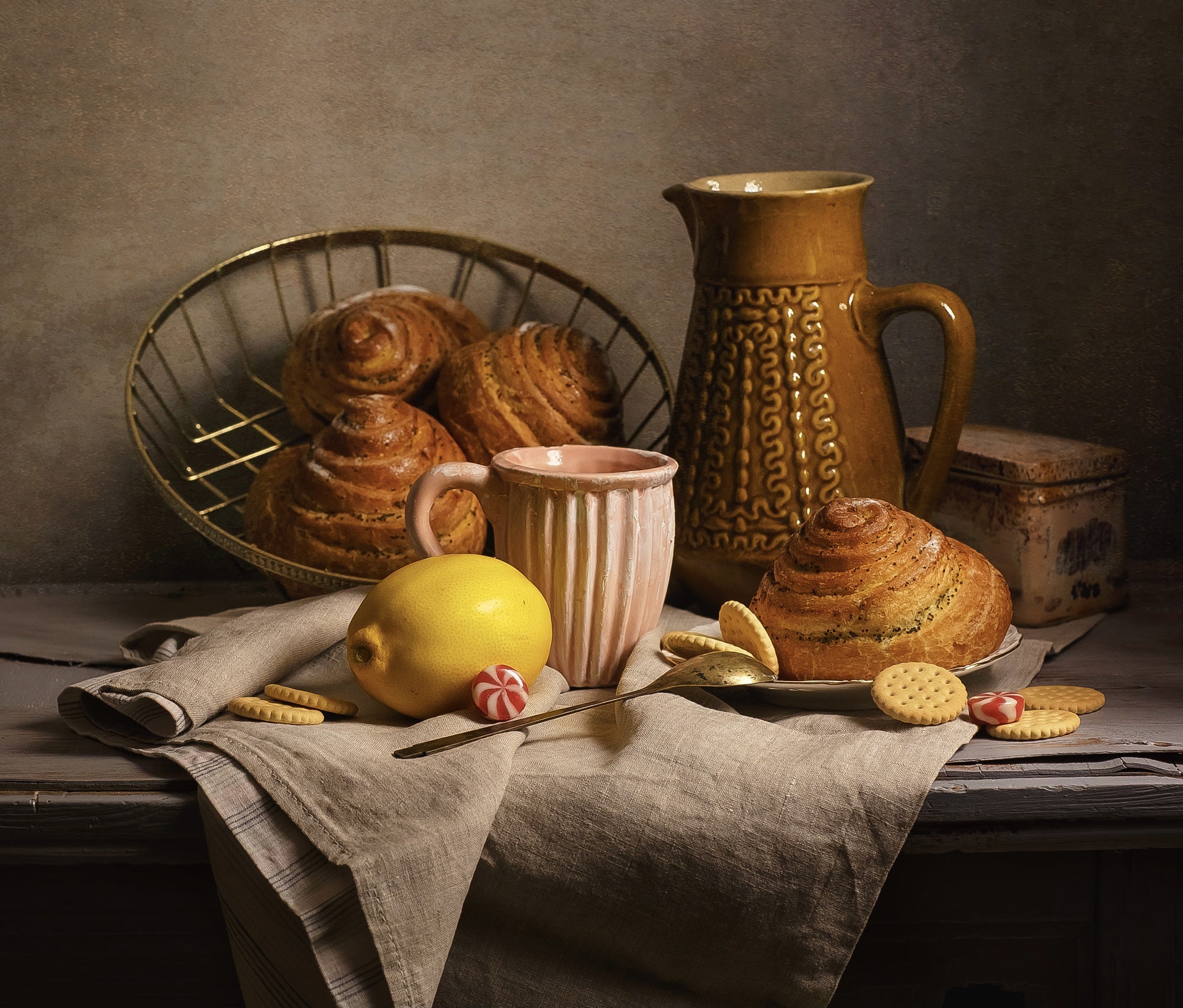 Still life with pastries, lemon, and mug HD Wallpaper