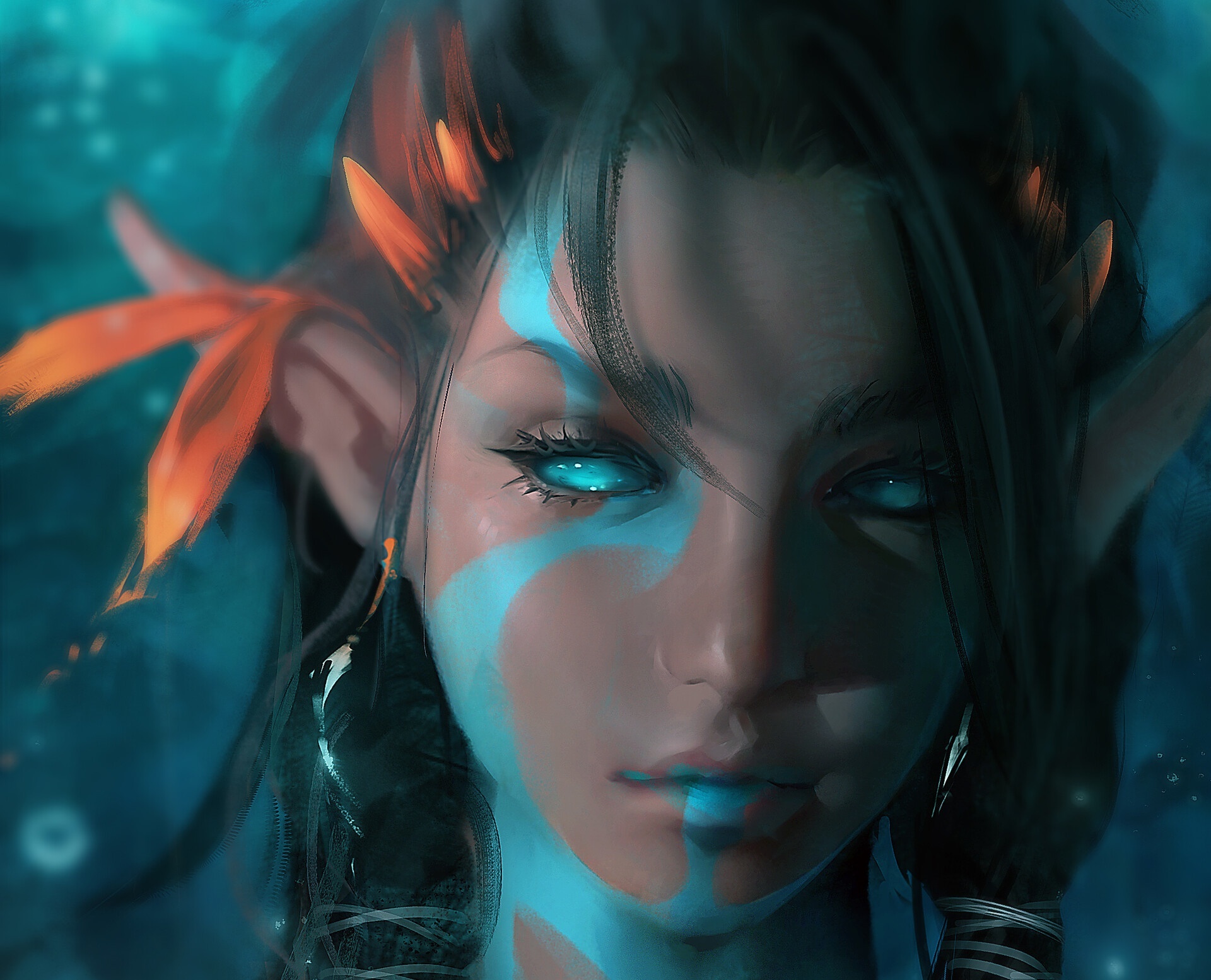 Fantasy Elf with Blue Markings and Orange Fins HD Wallpaper