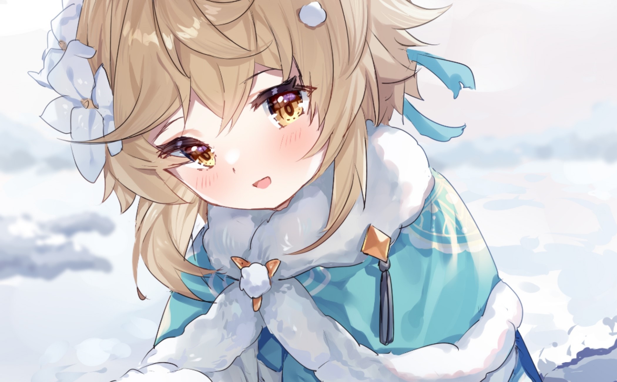 Lumine from Genshin Impact in winter attire HD Wallpaper