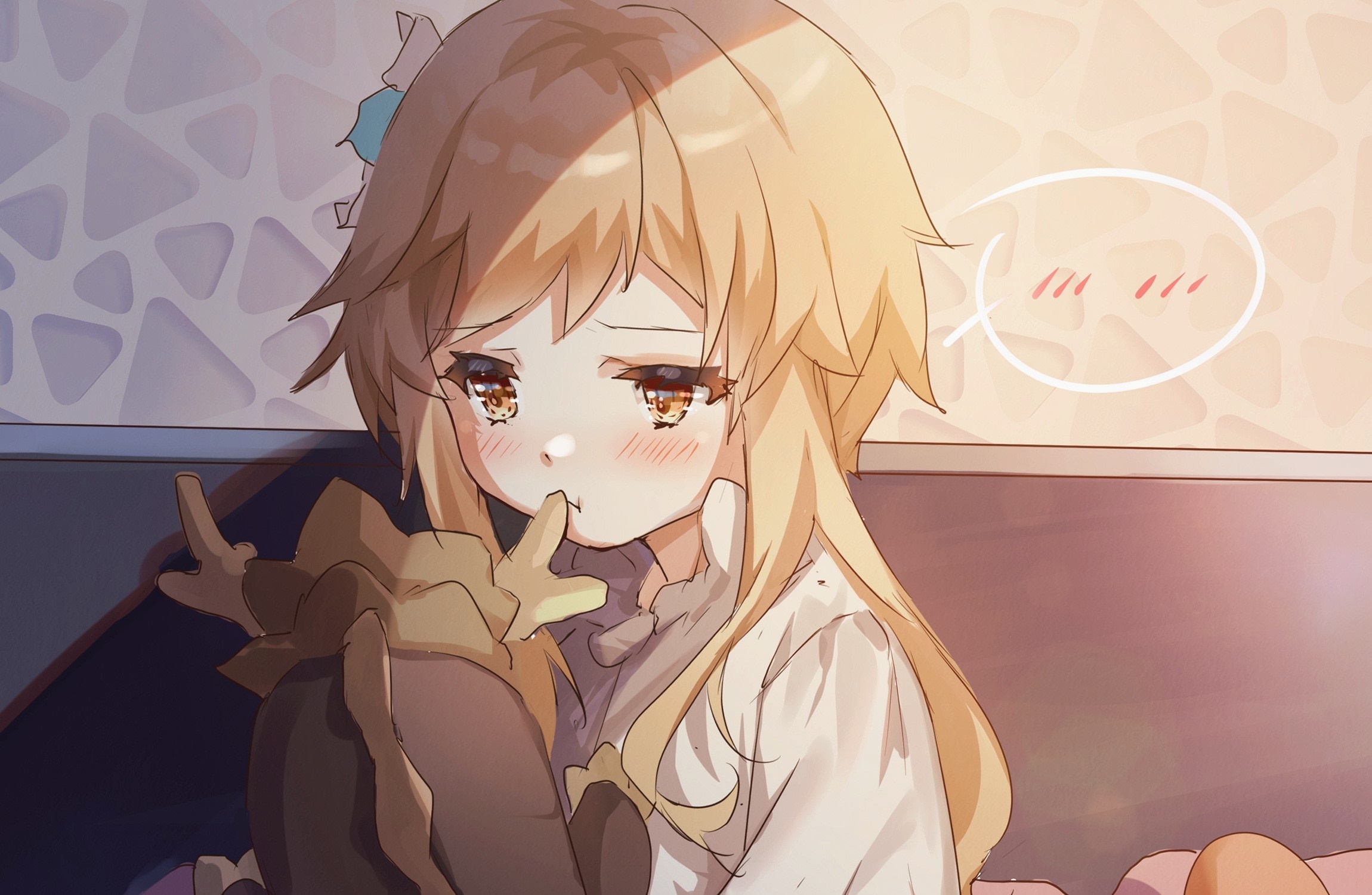 Lumine from Genshin Impact with a plush toy HD Wallpaper