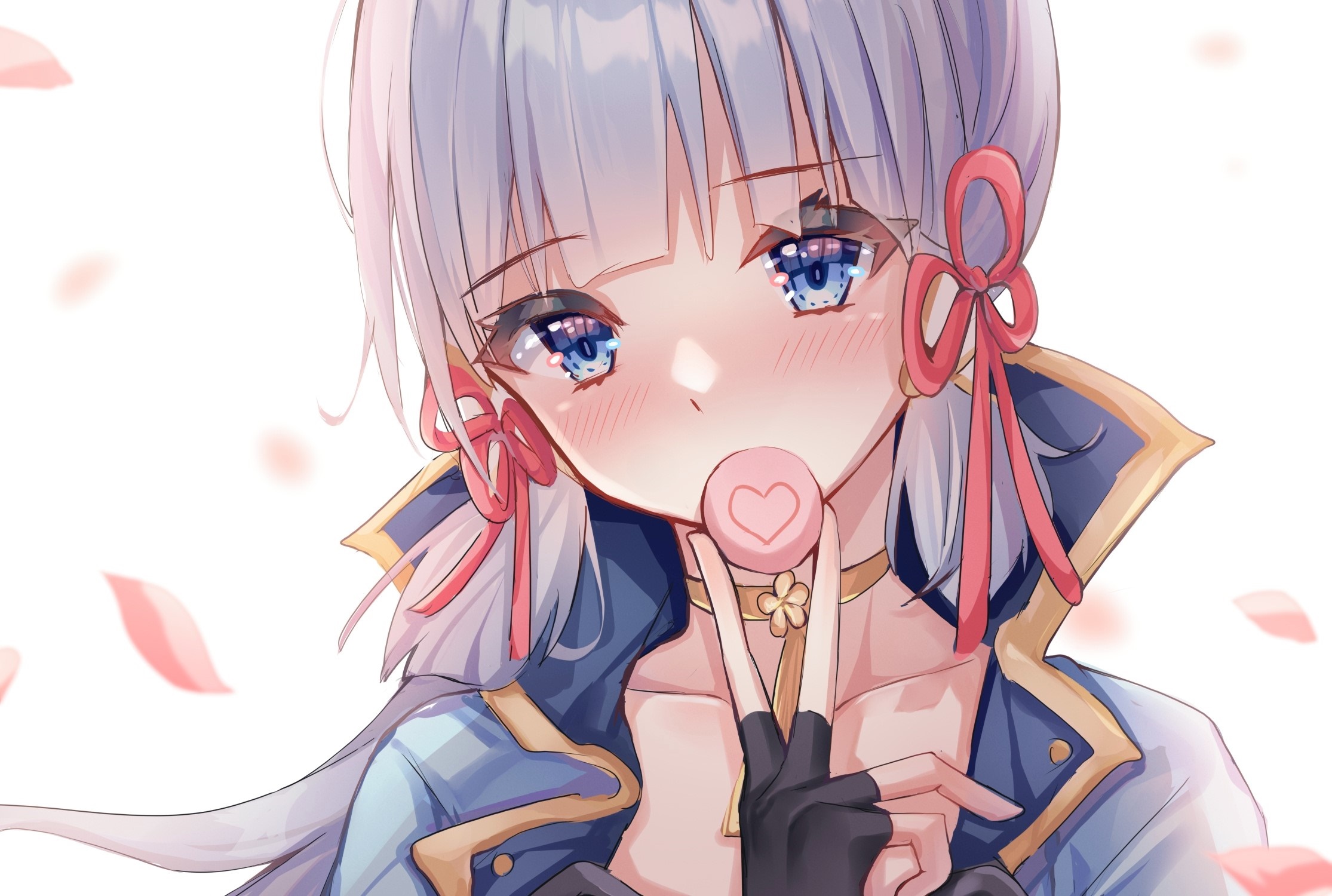 Kamisato Ayaka from Genshin Impact with a lollipop HD Wallpaper