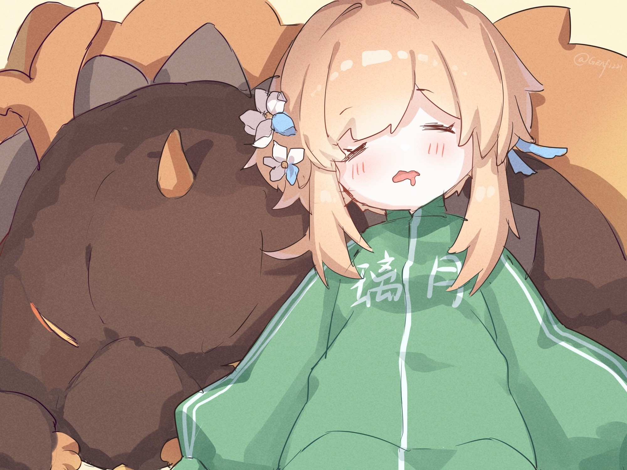 Lumine from Genshin Impact sleeping with a creature HD Wallpaper